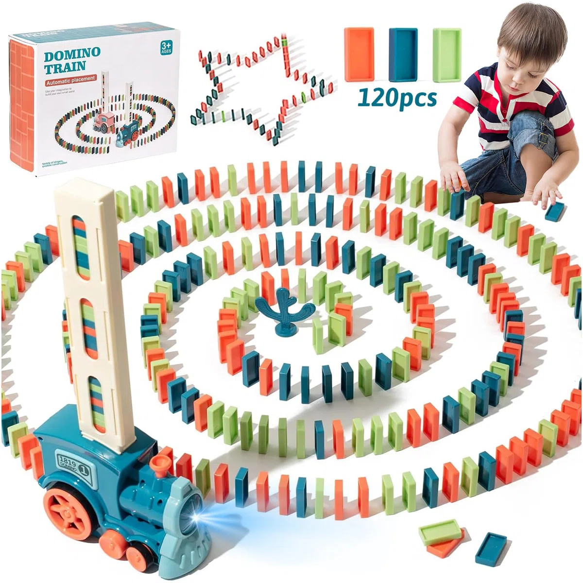Jouet de Train Domino,120 pièces de Blocs Électrique Train,Jouets de Construction et d'empilage,pour Filles et Garçons 3 Ans et Plus