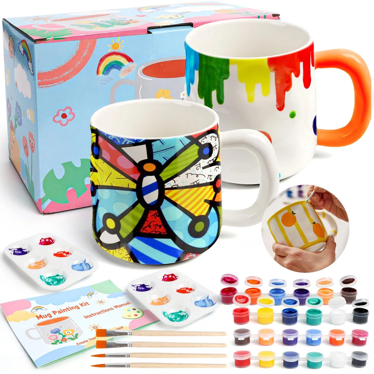 Kit de Peinture sur Céramique, 2 Tasses à Peindre en Céramique Blanche Set avec Peintures, Pinceaux et Peinture, Kit Mug Peindre Cadeau DIY, Kit de Bricolage pour Adultes et Enfants