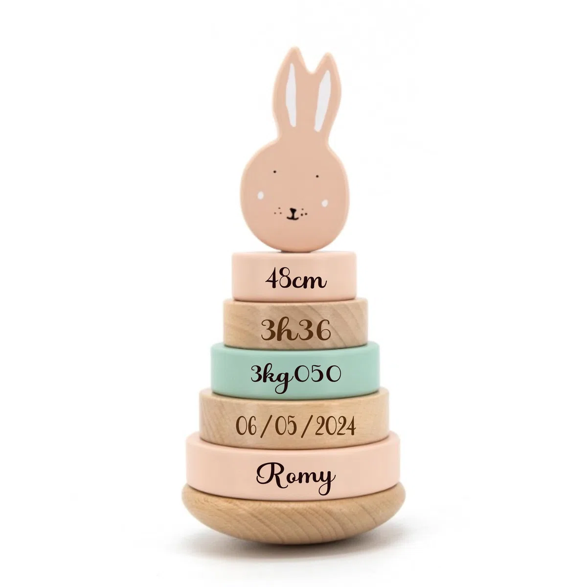 Tour de naissance personnalisé - cadeau de naissance trixie, jouet bébé naissance, tour d'anneaux à empiler, décoration chambre naissance, cadeau bébé prénom (Lapin)