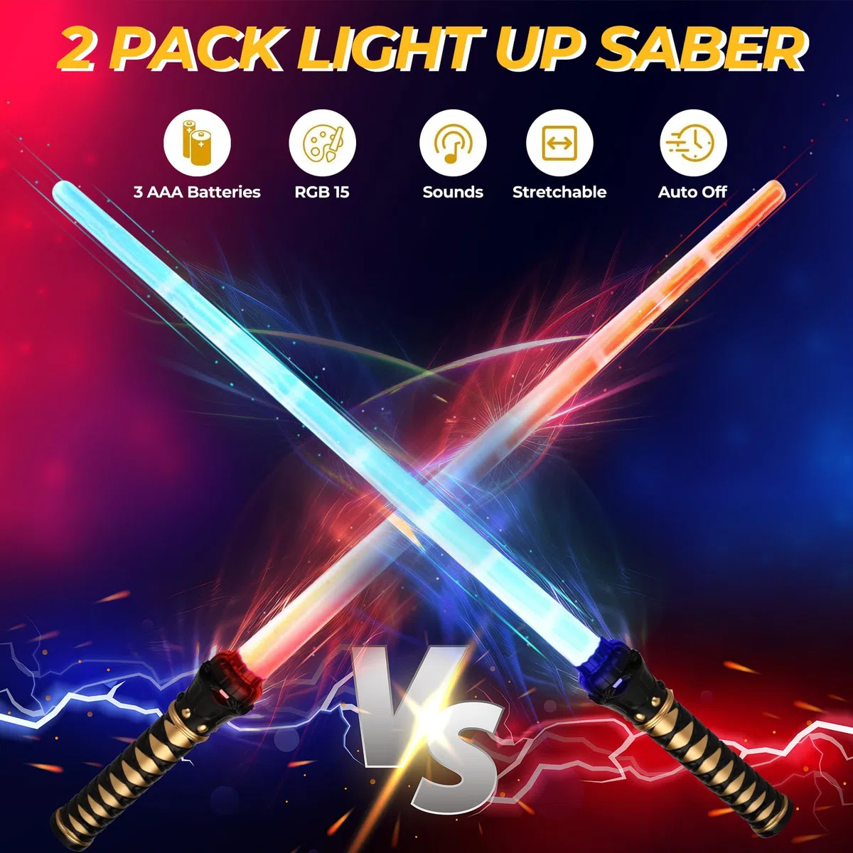Sabre Laser, 2 Pièces 15 Couleurs Lightsaber avec Effets sonores FX, 2 en 1 Sabre Laser Lumineux, Jouets Sabre Laser pour Enfants, pour Halloween, Cosplay, Fêtes sur Samouraïs
