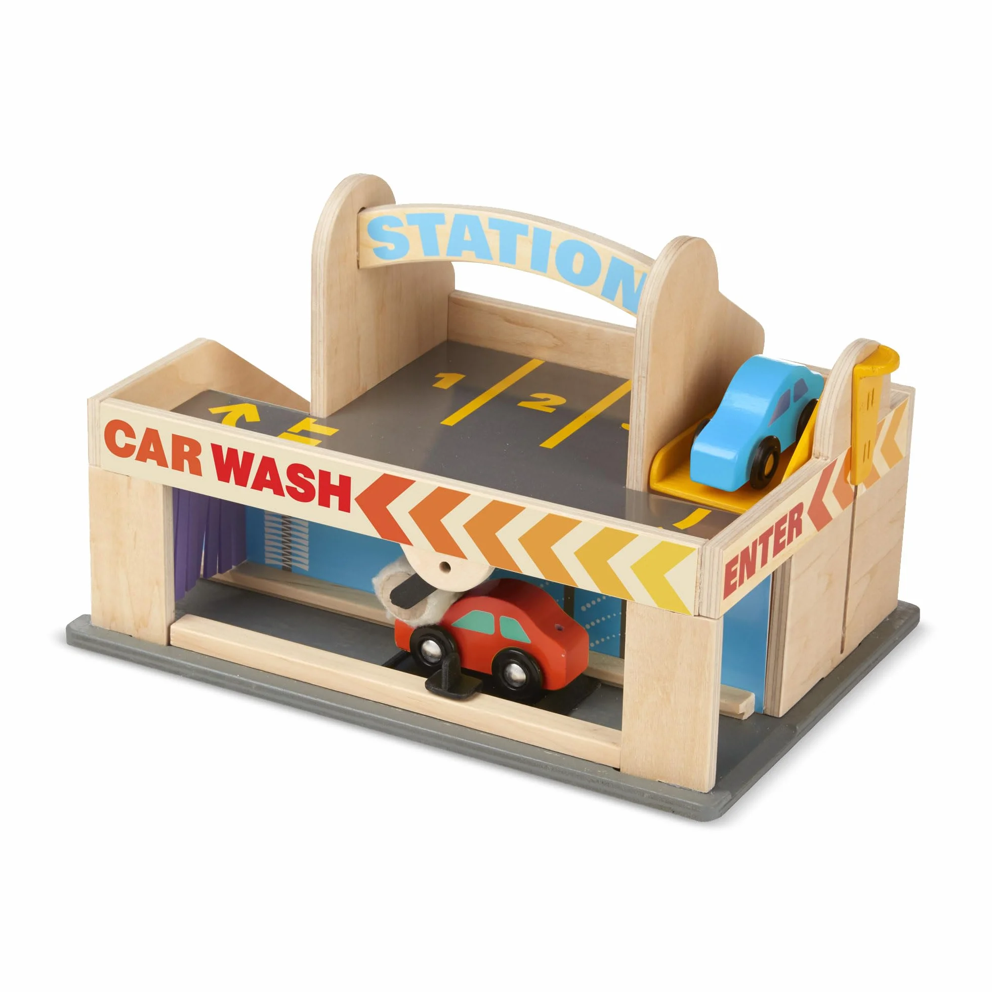 Melissa & Doug - Station Service - Garage À Niveaux Avec 2 Véhicules - Voiture Enfant - Jeu Imitation - Jouet En Bois - Jouet D'Activité, De Développement Et D'Apprentissage - Cadeau Enfant 3 Ans Et +