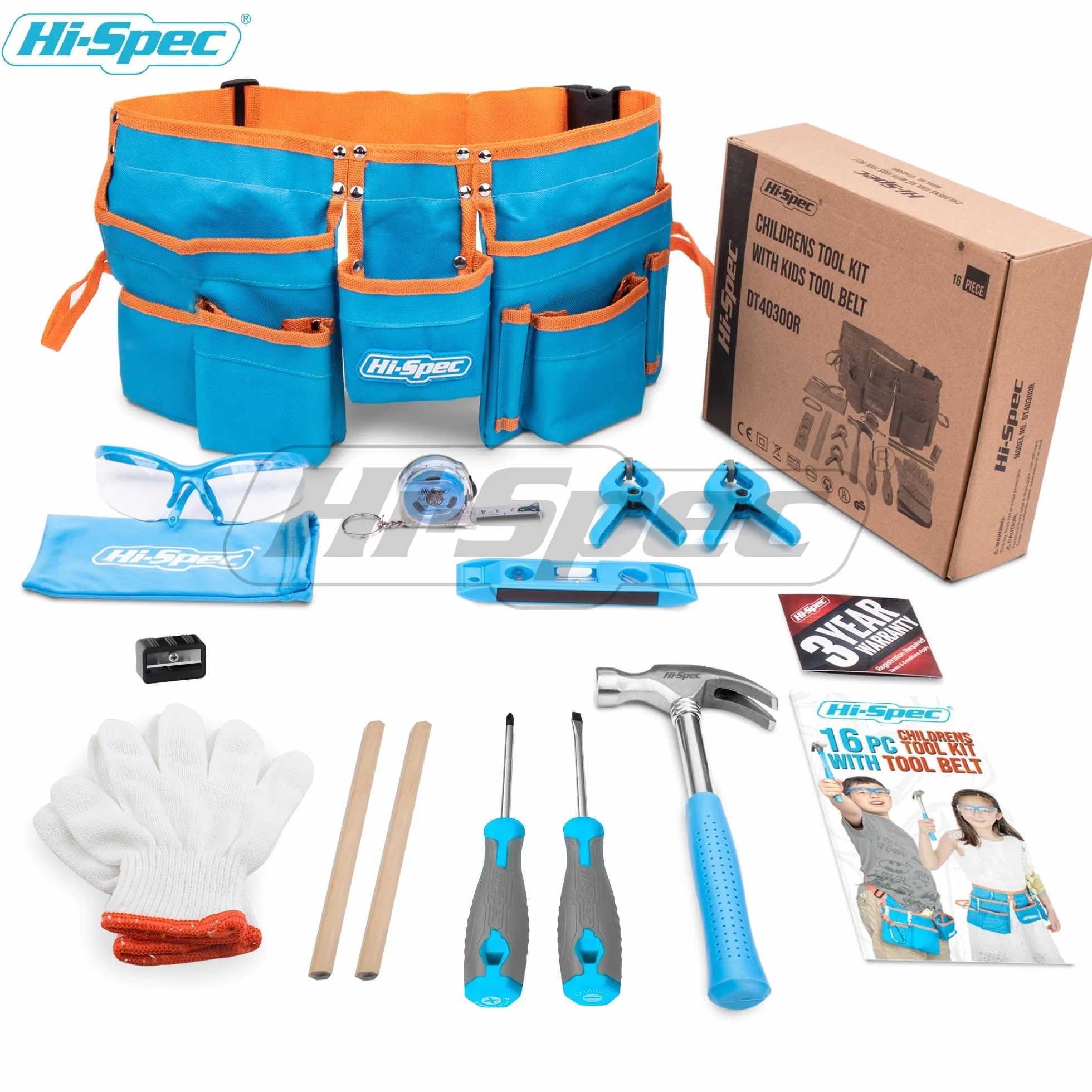 Hi-Spec Ceinture à Outils Enfant avec Kit de 16 Pièces - Gants, Lunettes de Sécurité & Vrais Outils pour Bricolage et Établi - Ceinture Porte-Outils Ajustable, Pratique et Sûre pour Enfants