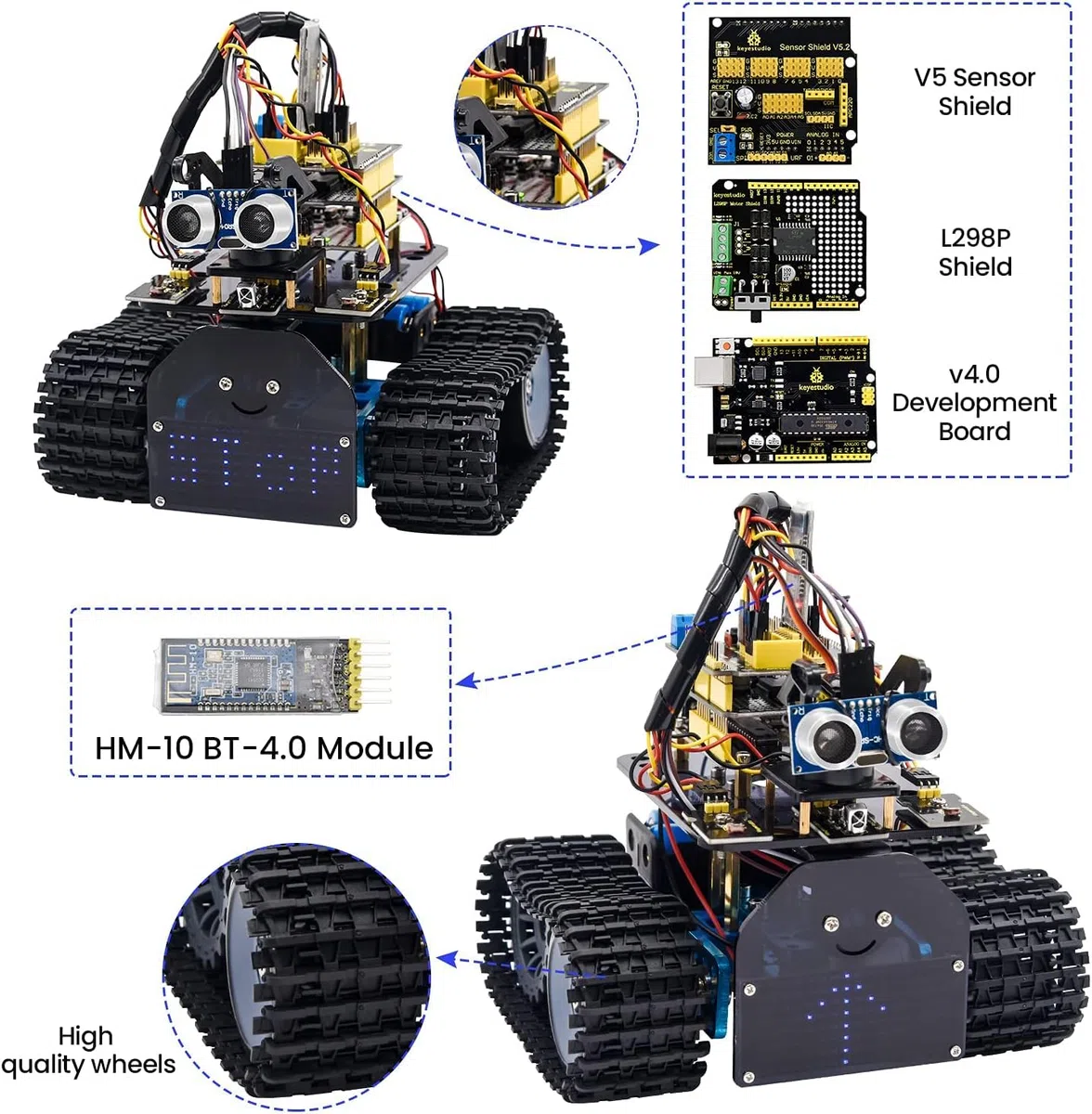 KEYESTUDIO Mini Robot de réservoir Smart Car Kit de Suivi par ultrasons et lumière Infrarouge Télécommande électronique DIY Kit robotique pour Enfants et Adolescents Compatible iOS et Android