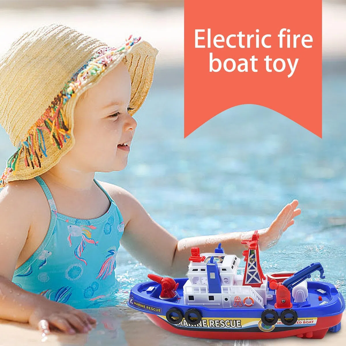 Bateau-Pompier – Jouet Électrique pour avec d'eau Automatique Et Musique pour Le Bain, La Piscine Et La Plage