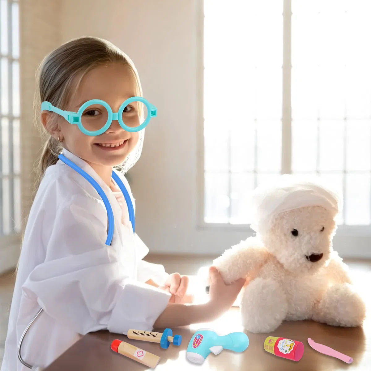 EFO SHM Malette Docteur Enfant - avec stéthoscope, seringue, Thermomètre Infrarouge et Beaucoup d’Autres Accessoires en Bois, Jouet d'Imitation dès 3 Ans