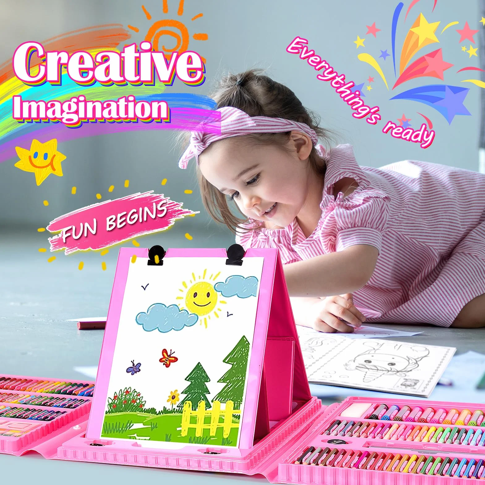HappyGoLucky 208 pièces Malette Dessin Enfant, Cadeau Fille 3-12 ans, Art Set, Crayons de Couleur Palette Aquarelle