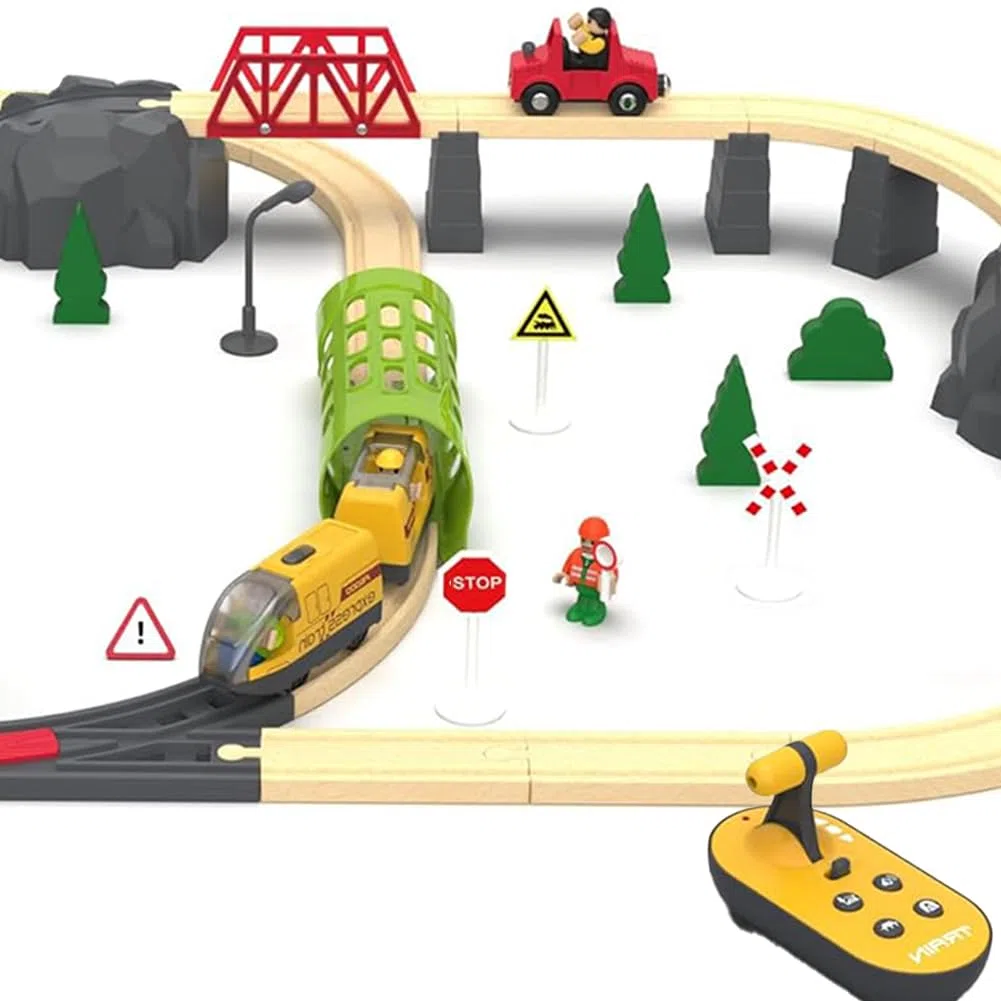 TOPLIVING Train de train motorisé en bois télécommandé avec connexion magnétique - Train de locomotive à piles pour tout-petits - Compatible avec Thomas, Brio, Chuggington (sans piste)