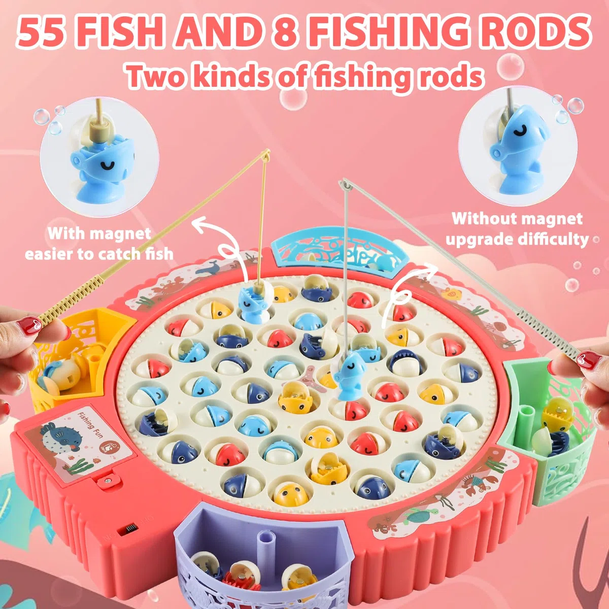 Jeux de Pêche Électriques, Jeu de Pêche à la Ligne avec 55 Poissons et 8 Cannes à Pêche, Jouet de Pêche Musical avec Plateforme, Jeu Magnétique Cadeau pour Enfant Garçons Filles 3-6 Ans