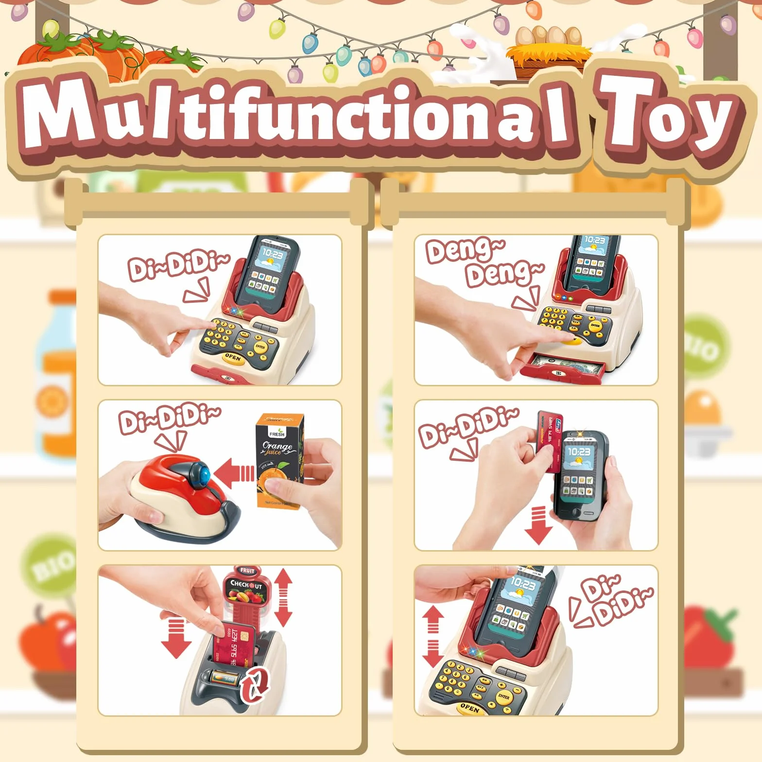 deAO Kit de supermarché avec Une Caisse enregistreuse avec Scanner, Une Carte de crédit, des Aliments, de l’Argent et des Accessoires d’épicerie – Jeu de rôle pour Enfants.