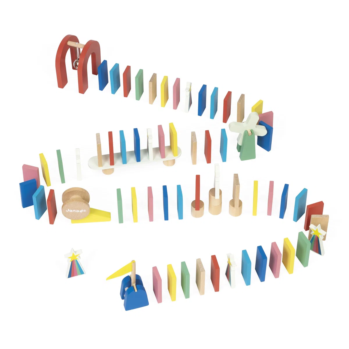 Janod - Jeu de Course de Dominos - Création Circuits et Parcours Dominos - Pack Complet 100 Pièces + Accessoires - Dès 3 Ans