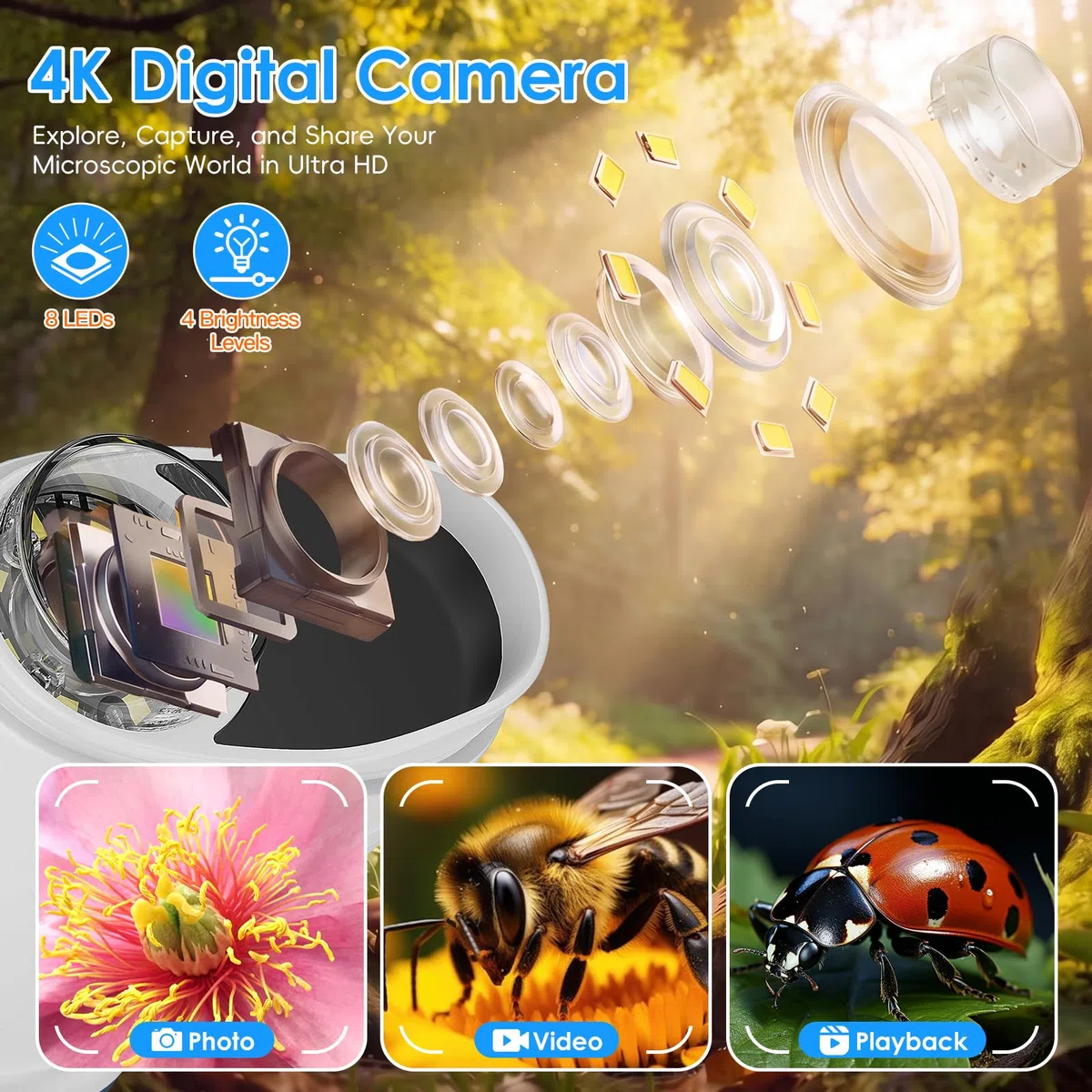Microscope Enfant Portable 1000X – Microscope Numérique avec Écran IPS 2 Pouces et 8 LED, Fonction Photo & Vidéo, Jouet Scientifique Cadeau pour Garçons et Filles (Blanc)