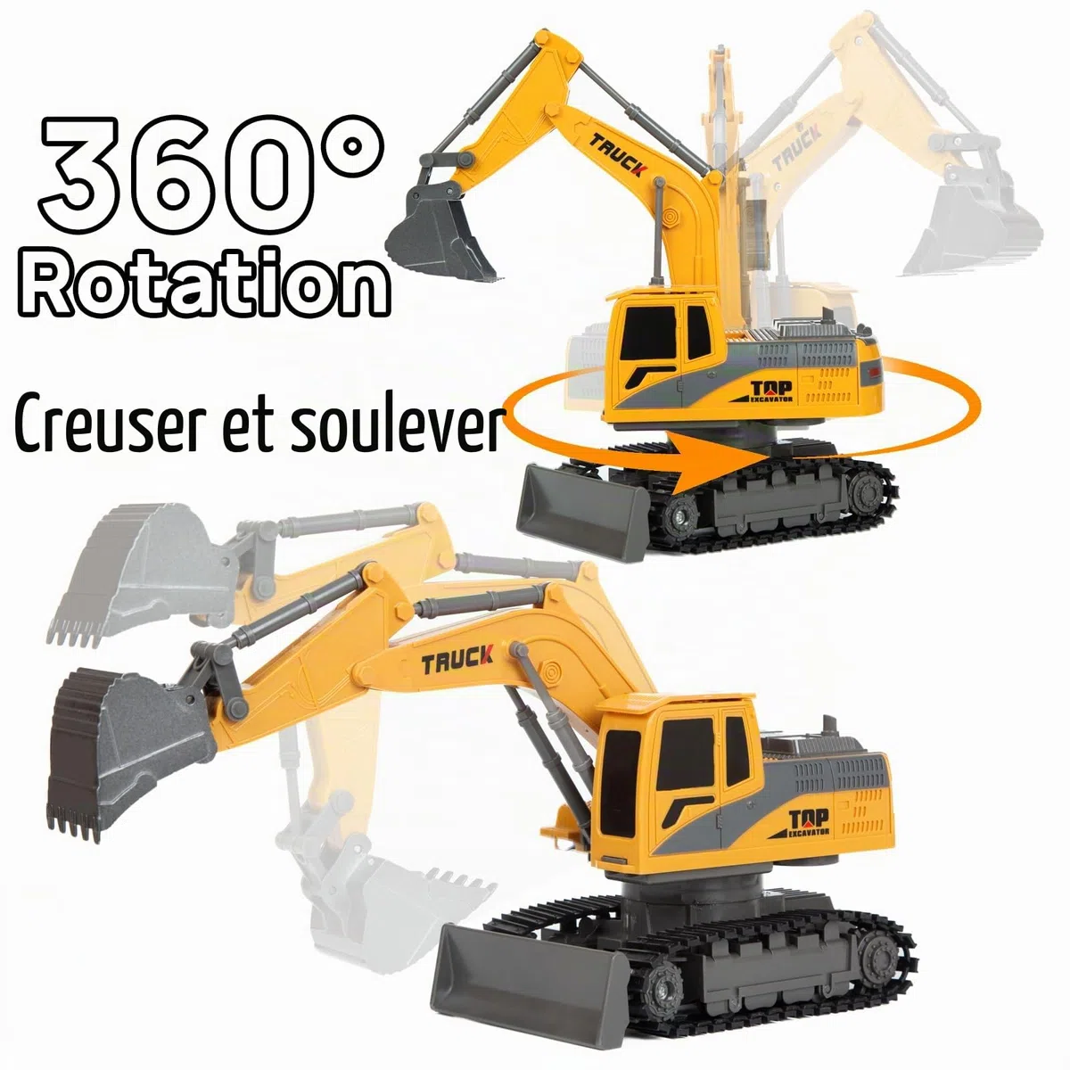 Jouets d'excavatrice télécommandée pour garçons, tracteur pelleteuse RC 2 en 1 avec bulldozer, véhicules de construction 2,4 GHz avec lumière et musique pour garçons de 3, 4, 5, 6, 7, 8 à