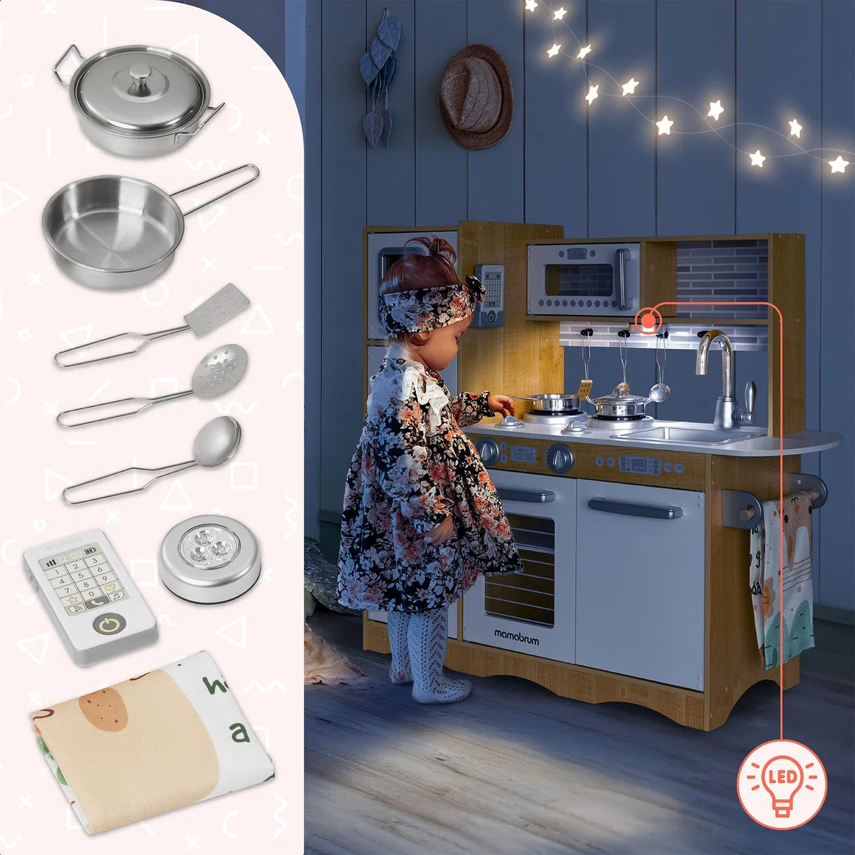 Mamabrum Cuisine Enfant en Bois Grande Taille avec Éclairage LED, Frigo, Four, Micro-Ondes, Tablette, Ustensiles et Tableau Noir - Jouet Éducatif Compatible avec Enfants 3 Ans et Plus