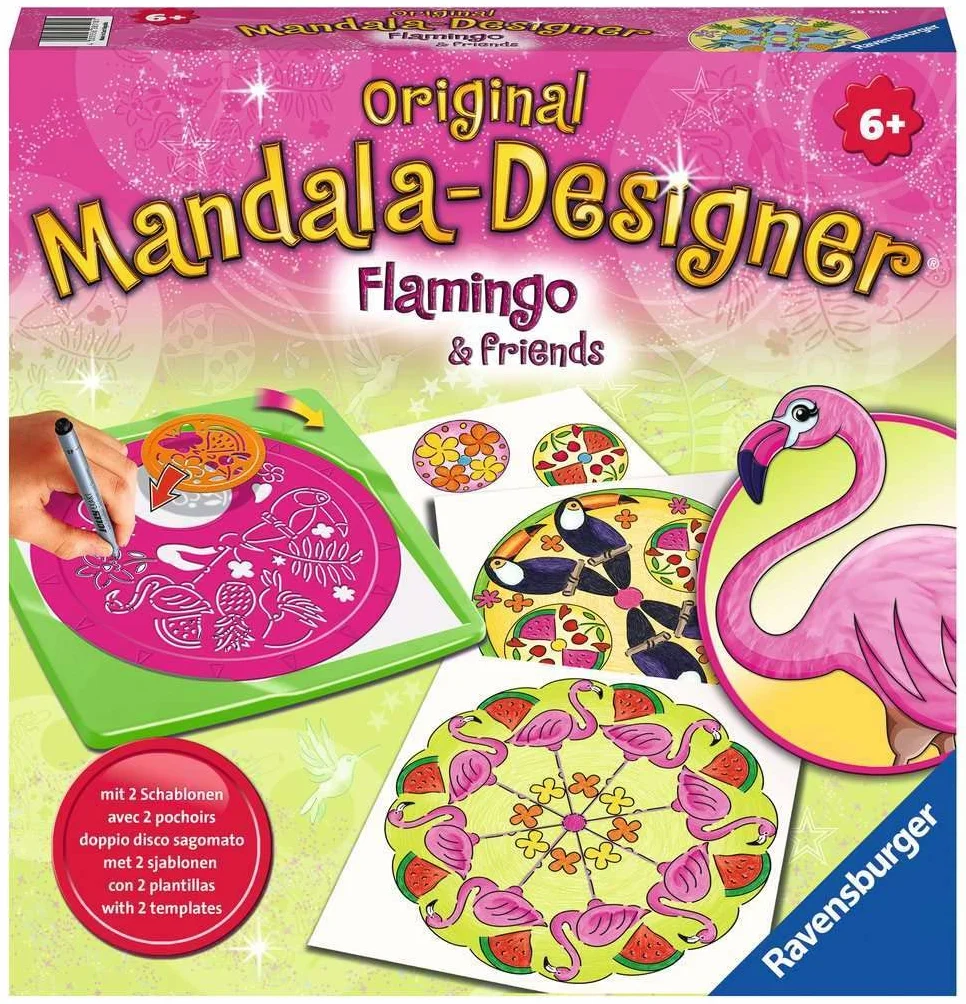 Ravensburger – Mandala Designer – Dessin – Loisir créatif – Pochoirs – Crayons de Couleur Inclus – Flamingo – Flamant Rose – Activité créative – Enfant – Dès 6 Ans – 28518 – Version française