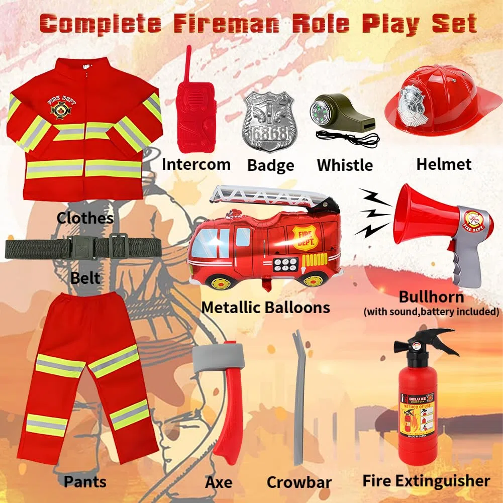 Costume de Pompier, 12pcs Jouet pour Enfants de 3 à 5 Ans pour Les Fêtes Costumées, L'éducation Aux Exercices D'incendie, Noël et le Jeu de Rôle à La Maison (110 cm)