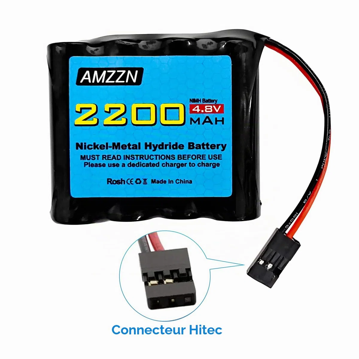 2PCS 4.8V 2200mAh AA Nimh Batterie avec connecteur Hitec pour RC Car, Récepteur RC, Avion RC, Batterie Rechargeable Haute capacité pour télécommande