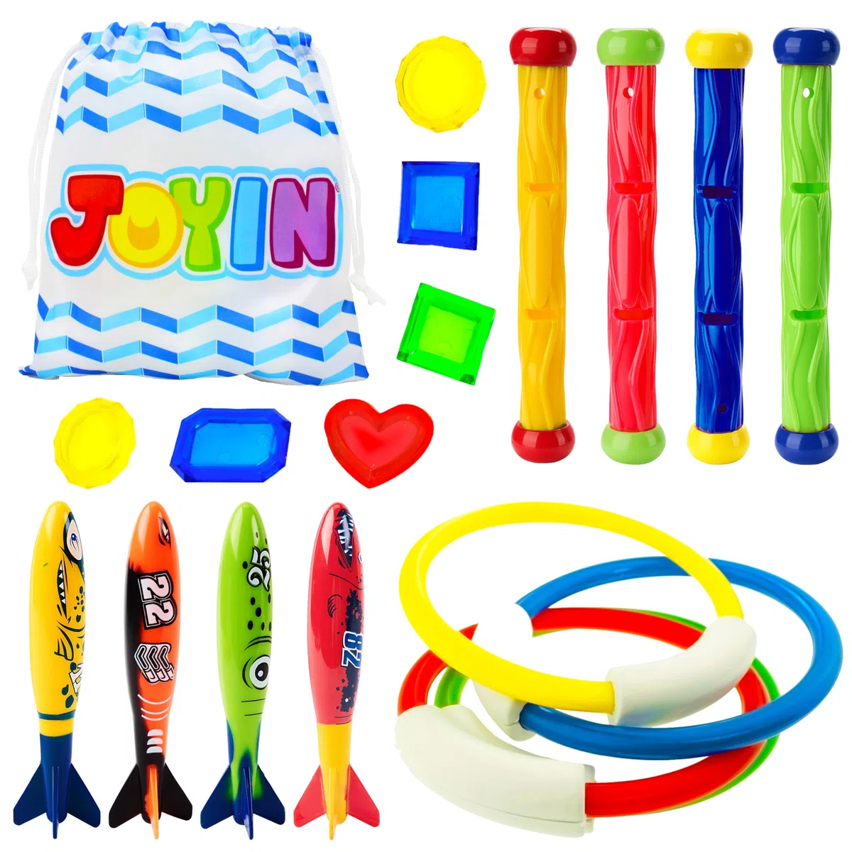 JOYIN 18 Pcs Jouets de Plongée Jouets de Natation Piscine Jeux de Piscine Jouet Anneaux Plongée sous-Marine Bâtons de Plongée et Bandits de Toypedo avec Bundle Cadeau Trésors de l'eau