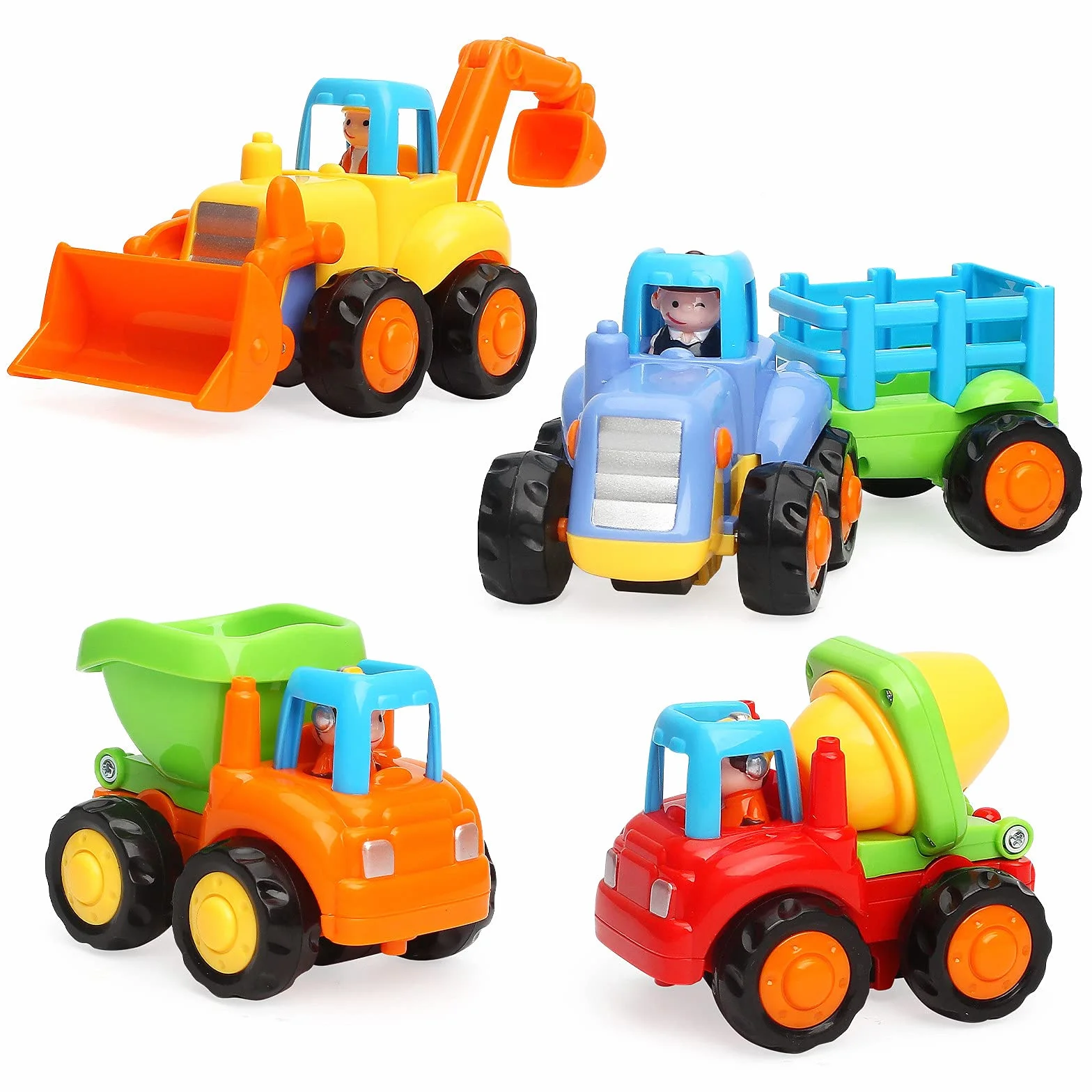 TINOTEEN Voiture Jouets pour Bébé, Jouet à Friction pour Garcon Fille Enfants de 1 2 3 Ans,Set de 4 avec Tracteur,Bulldozer,Mixeur de Camion et Camion