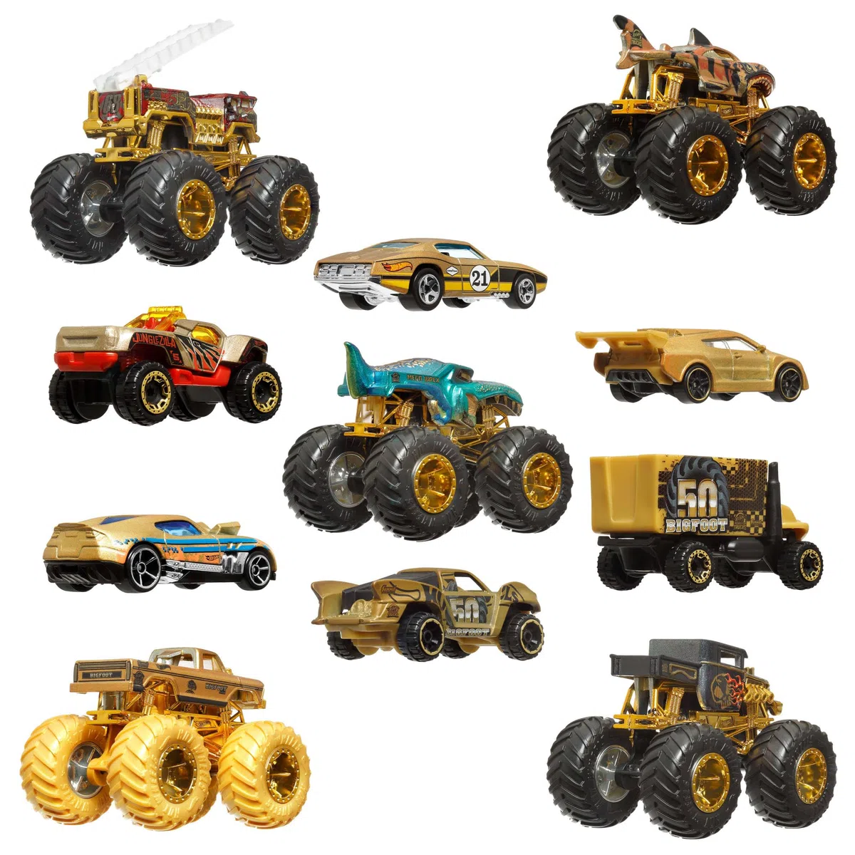 Hot Wheels Trophy Champions Coffret véhicules Monster Trucks avec Bigfoot, 5-Alarm, Bone Shaker, Mega-Wrex et Tiger Shark et 6 voitures en métal, JDW07