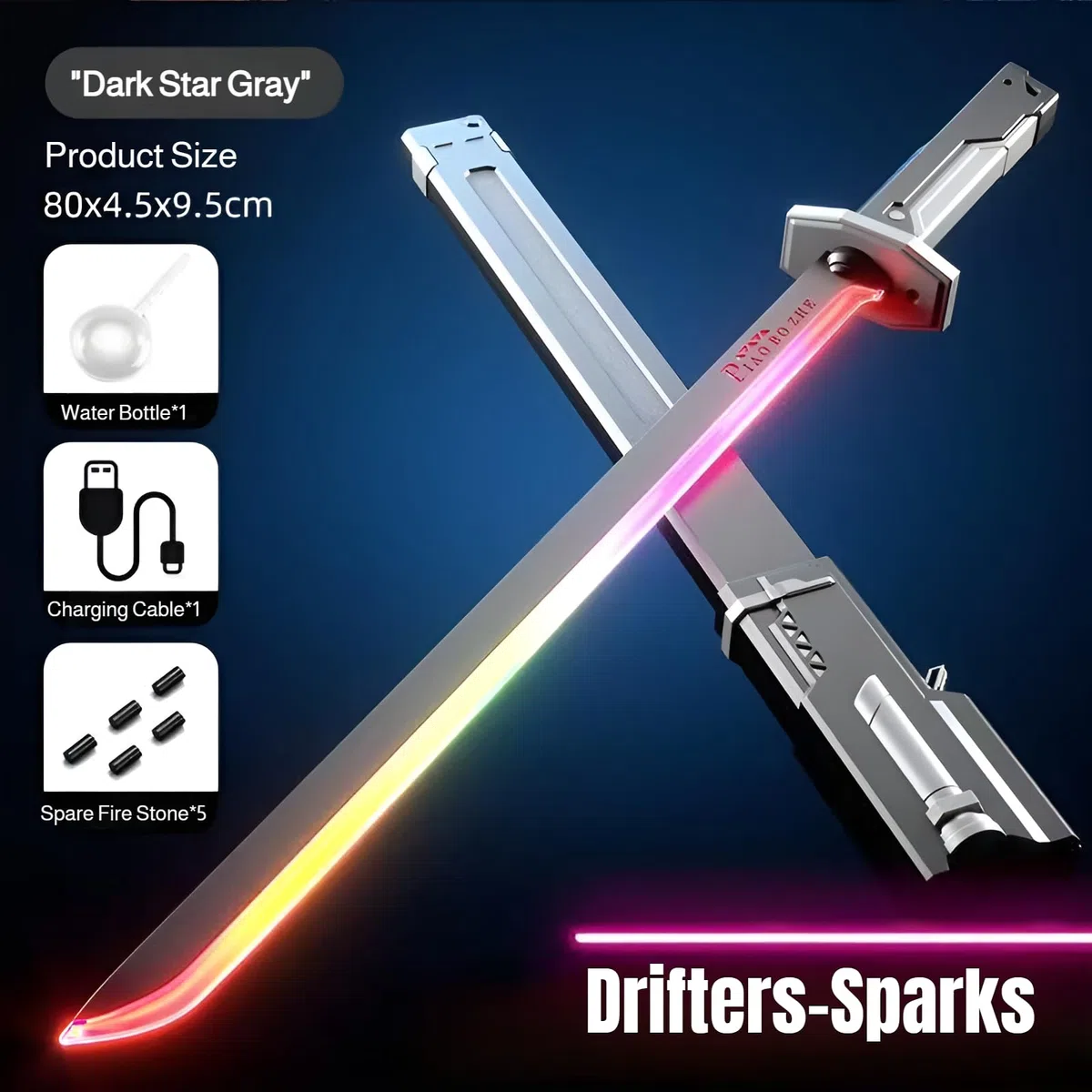 Sabres Lumineux Rechargeables pour Enfants, 7 Couleurs Variables avec Effets Sonores de Combat, Jouet de Sabre Lumineux LED Rétractable 2 en 1 pour Cosplay (Gris + 25 Pierre de feu)