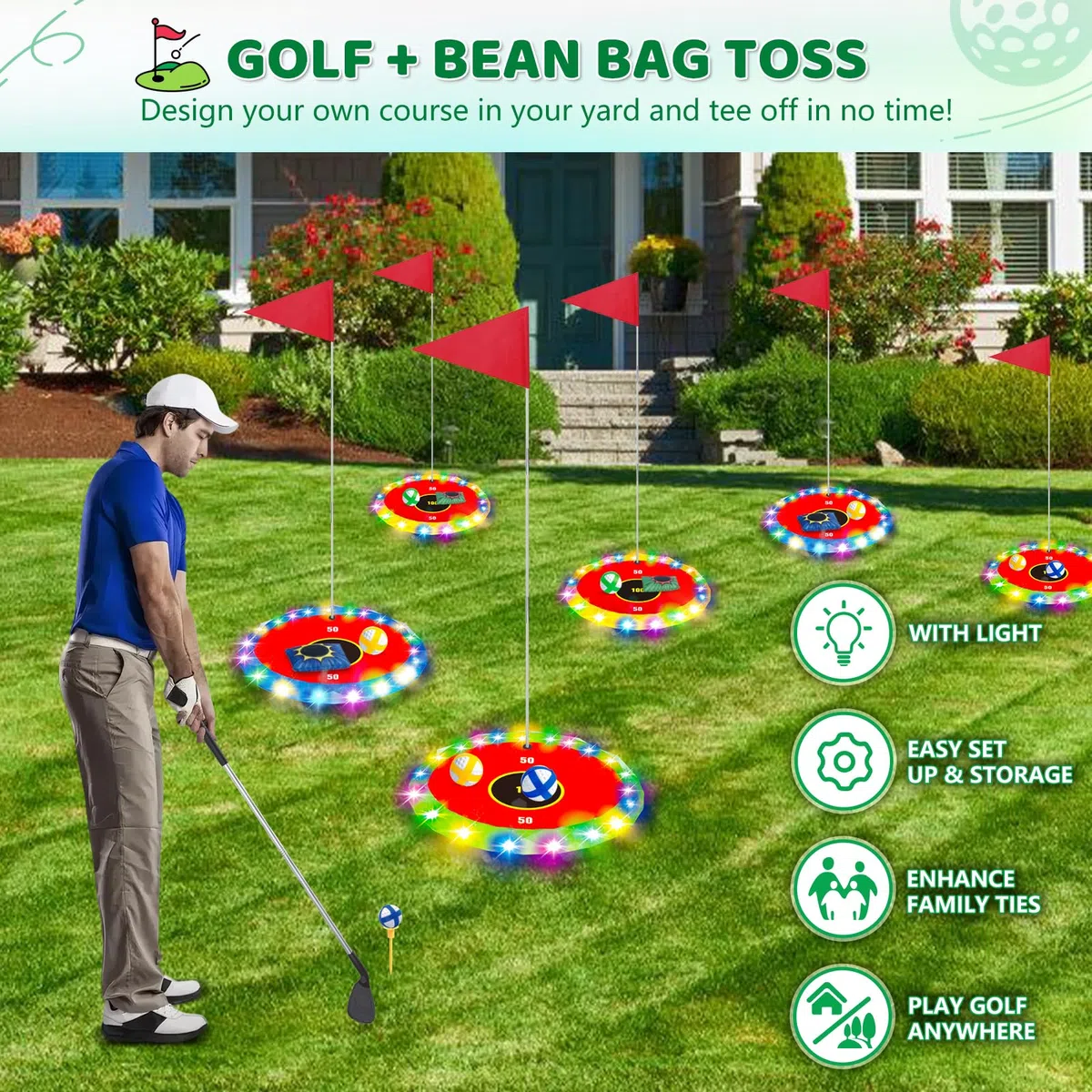 TERRAMUS Kit de golf lumineux 2 en 1 pour enfants, 16 balles, 2 raquettes, 6 cibles éclairées, pour l'intérieur et l'extérieur, cadeau de 3 à 8 ans