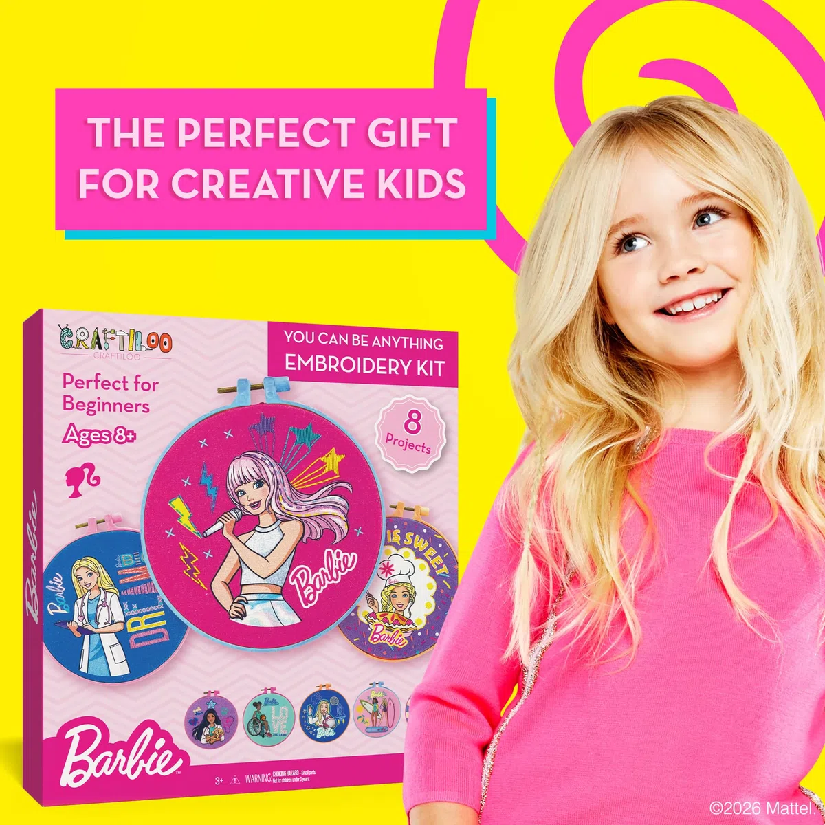 Barbie Kit de broderie pour enfants – Kit de bricolage pour filles de 8 à 12 ans avec 8 motifs, 2 cerceaux, aiguilles, fil – Ensemble complet de couture et d'artisanat, cadeau d'anniversaire