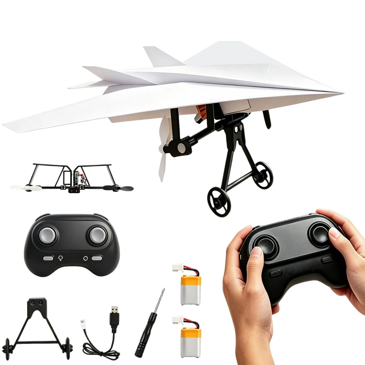 Générique Rc Paper Airplane Kit with Gyro Stabilizer, Remote Control Airplane, DIY Rc Airplane Kit, Foldable Lightweight Glider Tool for Hobbyists and Beginner Flyers (Two Batteries)