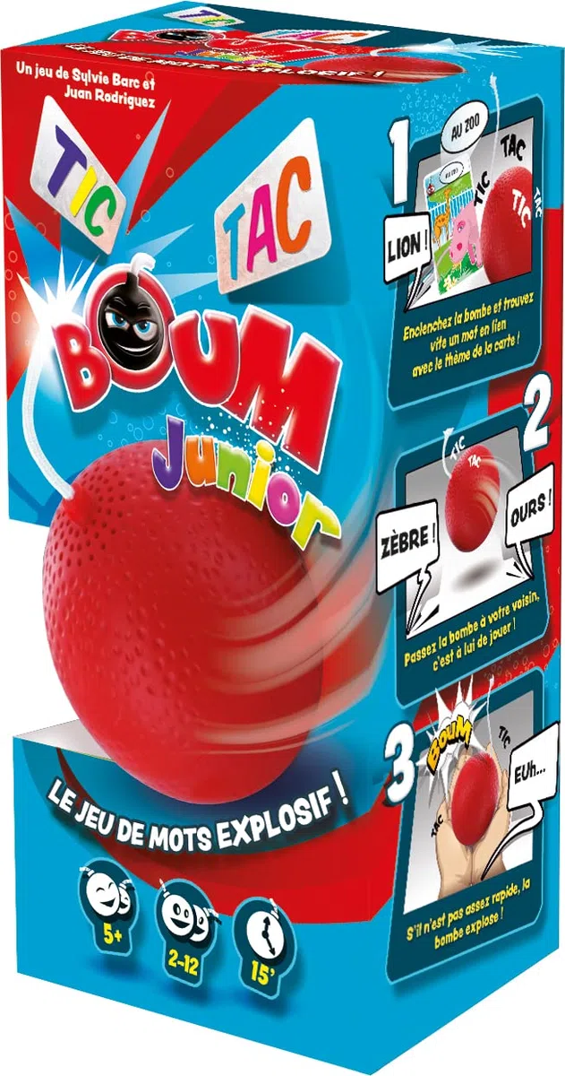Asmodee - TIC TAC BOUM Junior - Jeu d'Ambiance pour Enfants dès 5 Ans -Jeu de Cartes & Rapidité - Trouvez 1 Mot avec 1 Syllabe - avec Bombe Minuteur - 2 à 12 Joueurs - 15 Min -en Français - Zygomatic