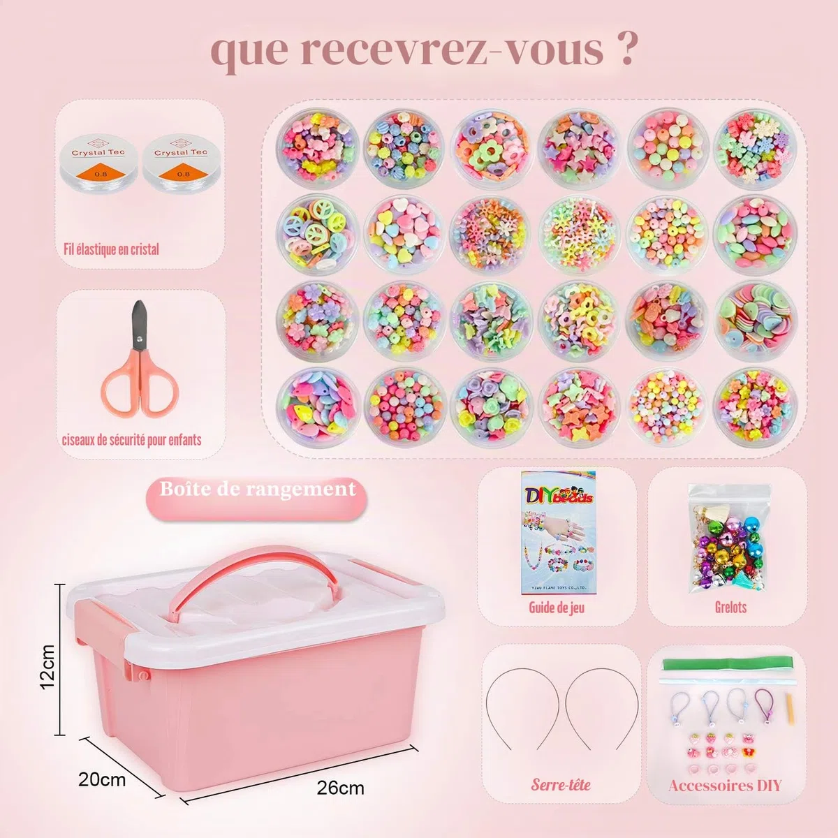 Enfants Bricolage Perles Set, 2000 Pièces Bracelet Perle pour Fabrication de Bracelets,Collier, Kit Fabrication Bijoux Jeux Bricolage pour Filles