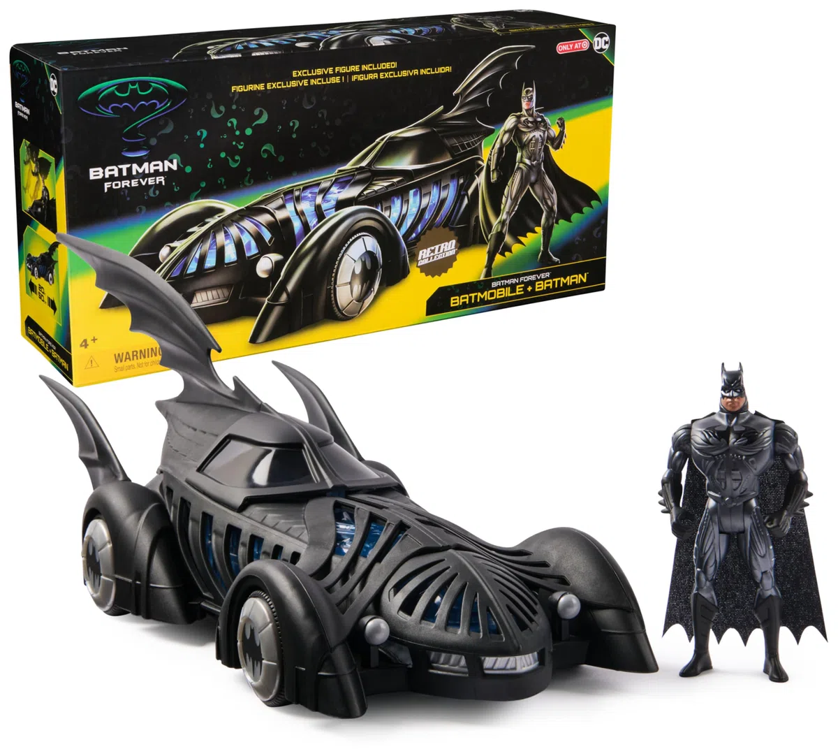 DC Comics - Batman Forever - Batmobile + Figurine Batman Retro Collection - Figurine Articulée - Créez Vos Propres Combats Masqués - Super Héros - Jouet À Collectionner - Jouet Enfant 4 Ans Et +