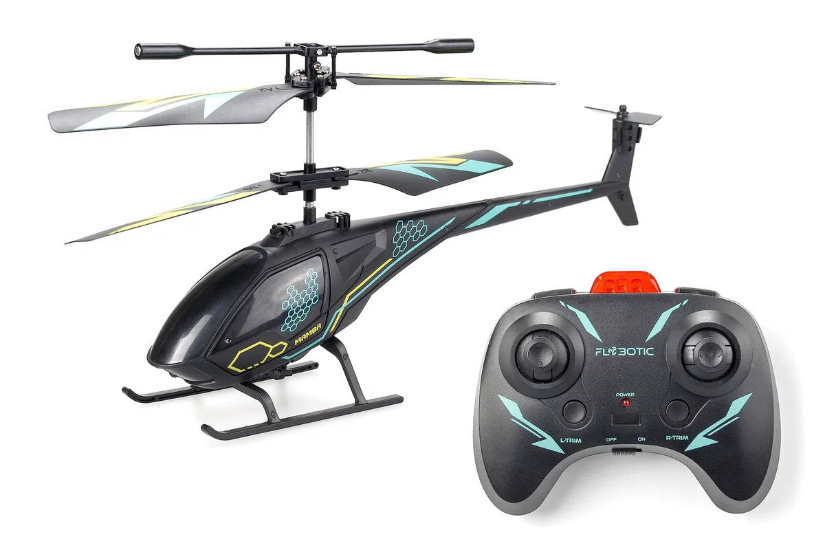 FLYBOTIC - Hélico Air Mamba - Hélicoptère Télécommandé 18 cm avec Effets Lumineux pour Enfant et Adulte - 2 Canaux de Contrôle - Infrarouge - Batterie Rechargeable - Usage intérieur - Dès 10 Ans