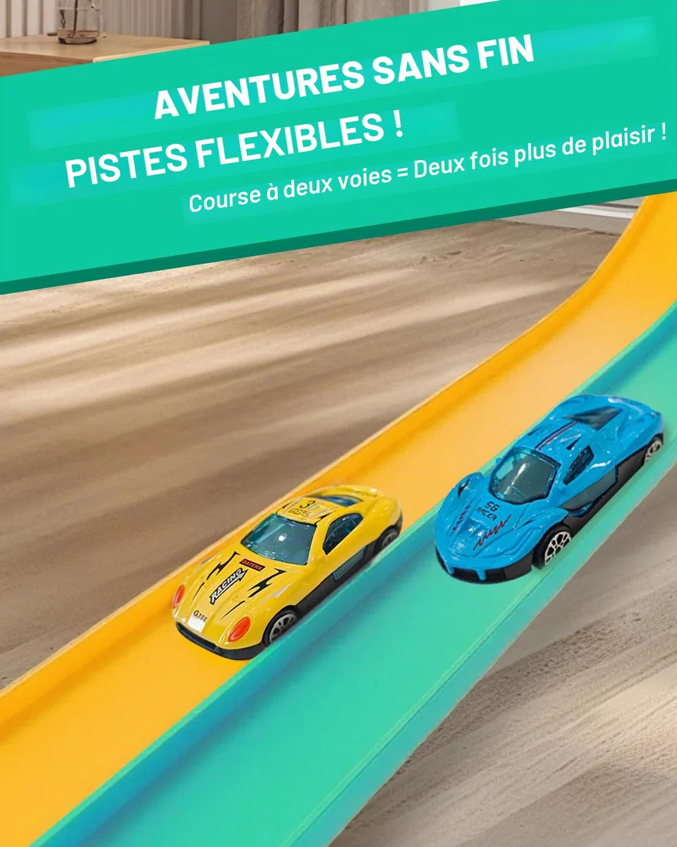 snookids Circuit de course flexible pour enfants de 3, 4, 5, 6 ans, 4,6 m, avec 4 voitures jouet, cadeau pour garçons et filles