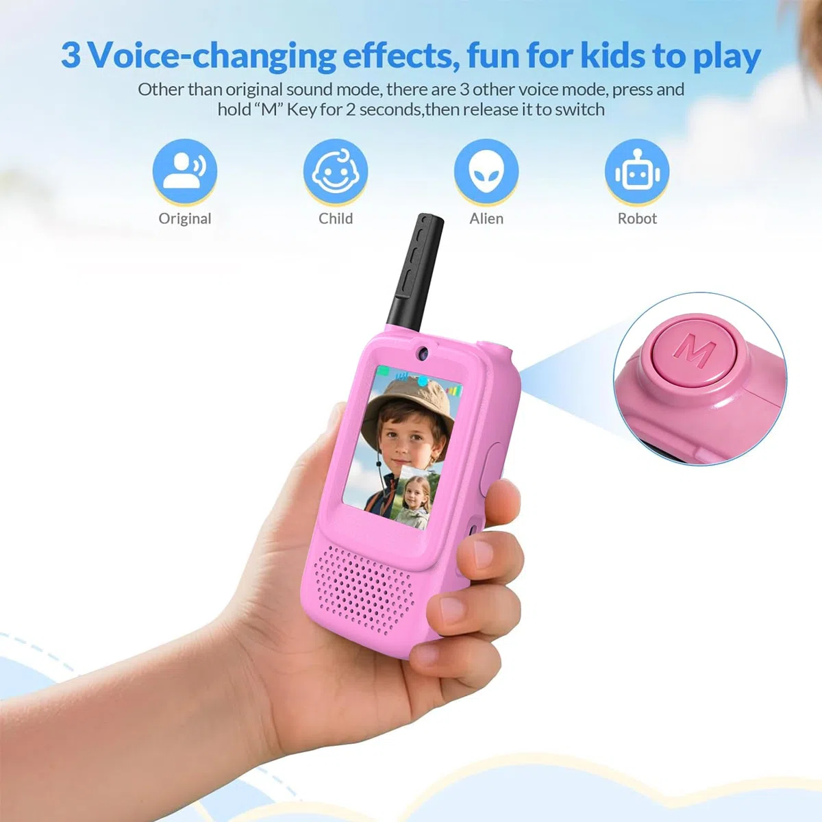 Talkies-Walkies Vidéo pour Enfants, Lot de 2, Rechargeables, à Double Caméra, Appairage Un à Un, Portée de 500m, Cadeaux Parfaits pour garçons et Filles de 3 à 12 Ans (Bleu/Rose)