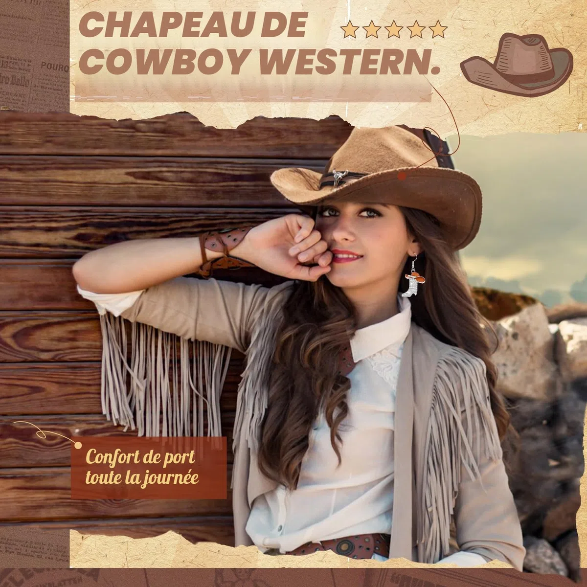 5 Pièces Set de Déguisement Cowboy Western pour Femme, Kit Accessoires de Cowgirl avec Chapeau Collier Boucles d'oreilles Ceinture Bandana pour Halloween Masqué Cosplay Fêtes