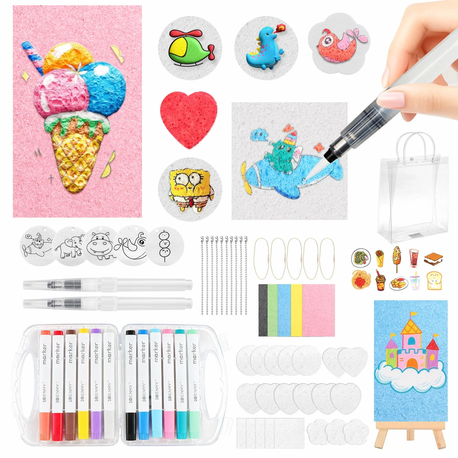 UBERMing 72 Pièces Kit de Peinture Texturée en Mousse, Magic Puffy Paint Set 3D Eponge de Dessin avec 31 Papier de Peinture Texture Mousse 12 Feutres de Couleur et 1 Sac de Rangement