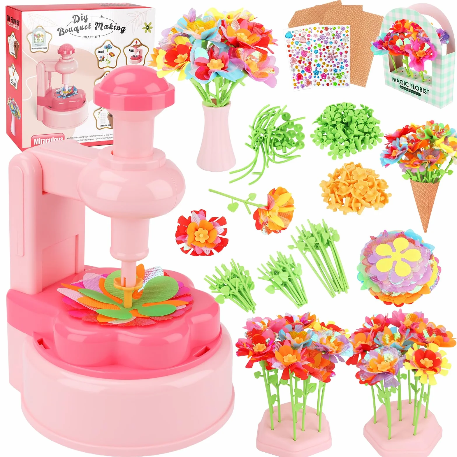 TOSUTO Activité Manuelle Enfant,Kit de Fabrication de Fleurs en Tissu,Set de Bricolage avec Machine à Fleurs et Vase,Bouquets Exclusifs pour Filles âgées de 3 à 9 Ans et Cadeaux D'anniversaire