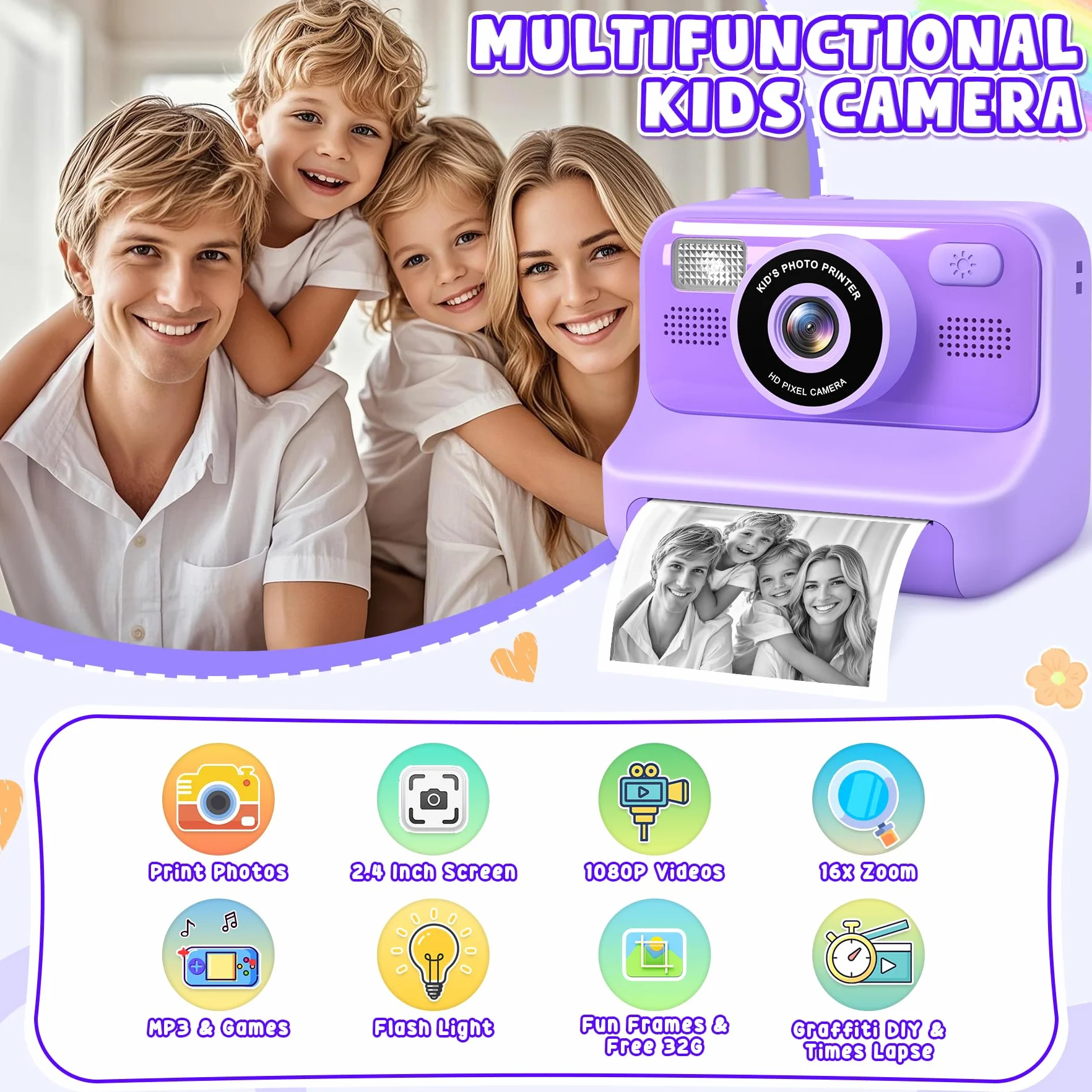 Subtail Appareil Photo Instantané Enfant - 2.4 Écran Appareil Photo Numérique Enfant avec Mode Selfie et Carte 32GB et Papier d'impression - Cadeau Jouet pour Enfant Garçons Filles de 3-12 Ans -Violet