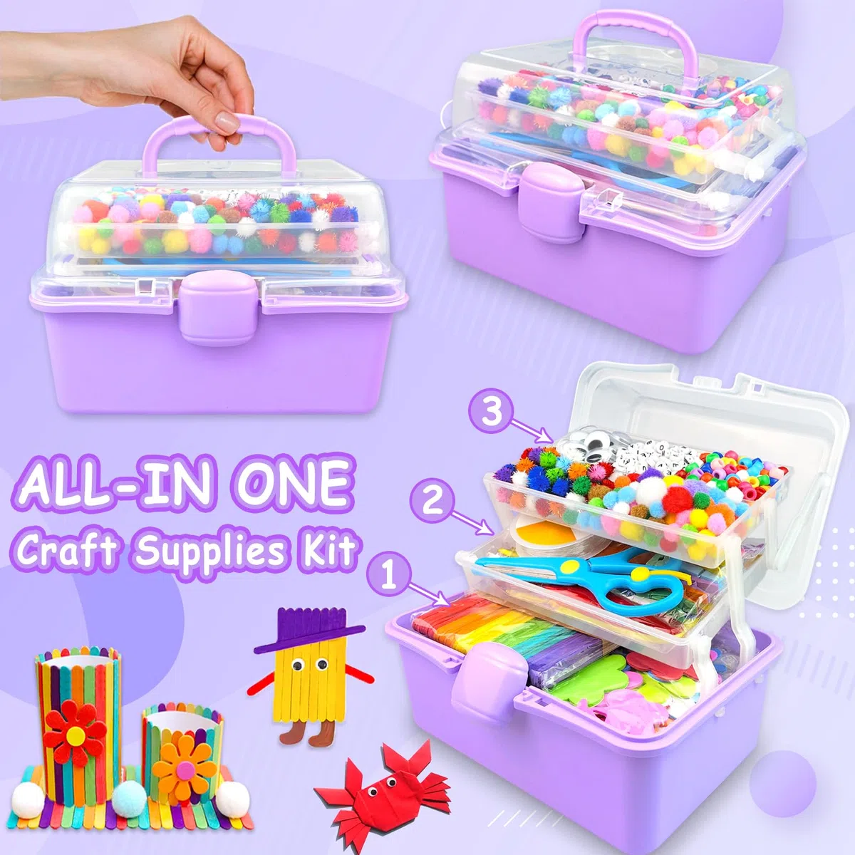3000 Pcs Activité Manuelle Enfant Kit Bricolage Enfant Boîte Bricolage à 3 Niveaux avec Pipe Cleaners Kits de Loisir Creatif Enfant DIY Jouets Cadeaux pour Filles et Garçons 4-6 6-8 8-12 Ans, Violet