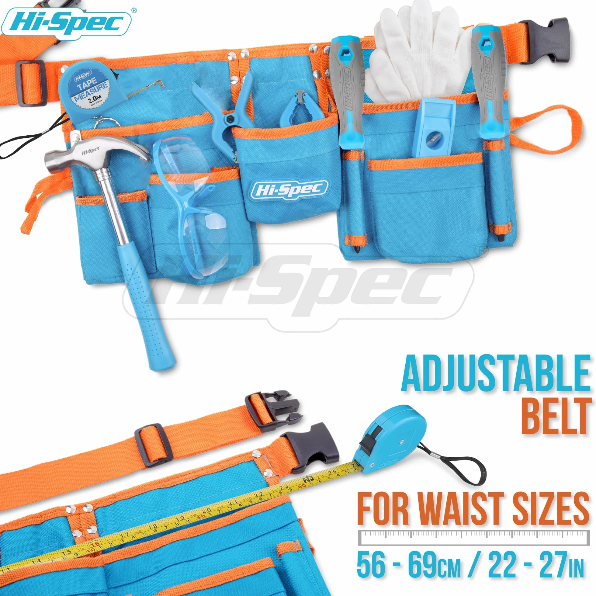 Hi-Spec Ceinture à Outils Enfant avec Kit de 16 Pièces - Gants, Lunettes de Sécurité & Vrais Outils pour Bricolage et Établi - Ceinture Porte-Outils Ajustable, Pratique et Sûre pour Enfants