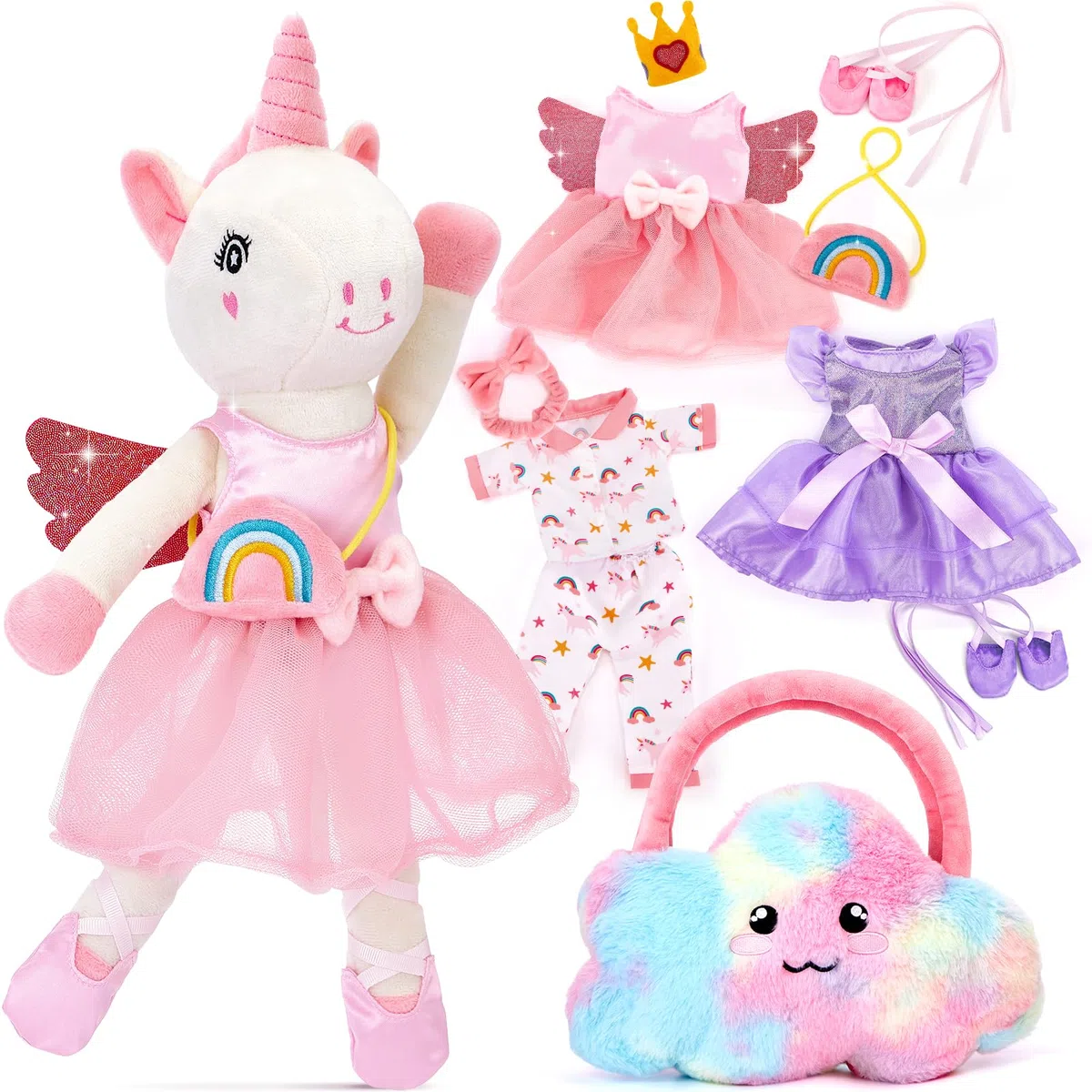 hahaland Licorne Peluche pour Filles 3+ Ans, Licorne à Habiller avec 3 Ensembles de Vêtements & 1 Sac Nuage en Fourrure, Jouet Créatif Jeu de Rôle, Cadeaux Anniversaire pour Fille 3 4 5 6 7 Ans