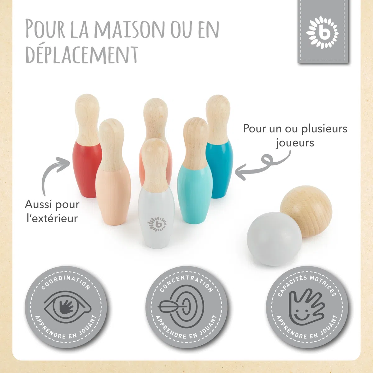 Bieco Mini jeu de quilles en bois pour enfant - 8 pièces - Jeu de bowling - Jouet d'extérieur - Jeux d'extérieur pour enfants - Cône pour adultes - Jeu de jardin