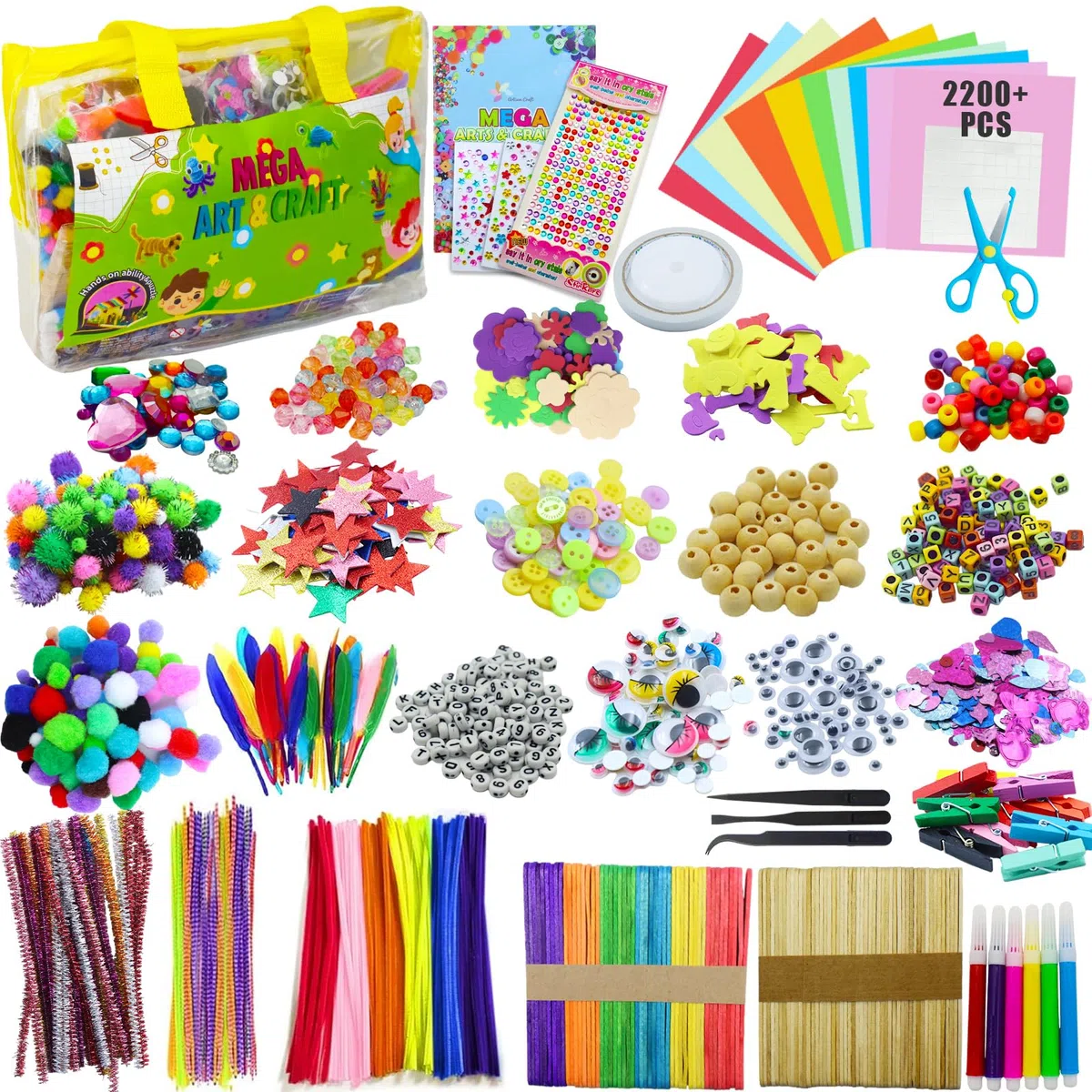 NINGESHOP Kit Bricolage Enfant, 2200+Pièces Enfant Feutrine Loisirs Creatif DIY Activites Manuelles,Pipe Cleaners Crafts Set, Fournitures Éducatives, Loisirs Créatifs, Plumes,Yeux écarquillés