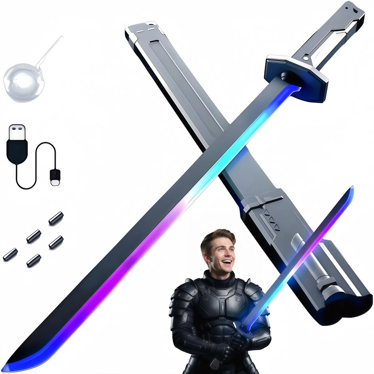 Sabres Lumineux Rechargeables pour Enfants, 7 Couleurs Variables avec Effets Sonores de Combat, Jouet de Sabre Lumineux LED Rétractable 2 en 1 pour Cosplay (Gris + 25 Pierre de feu)