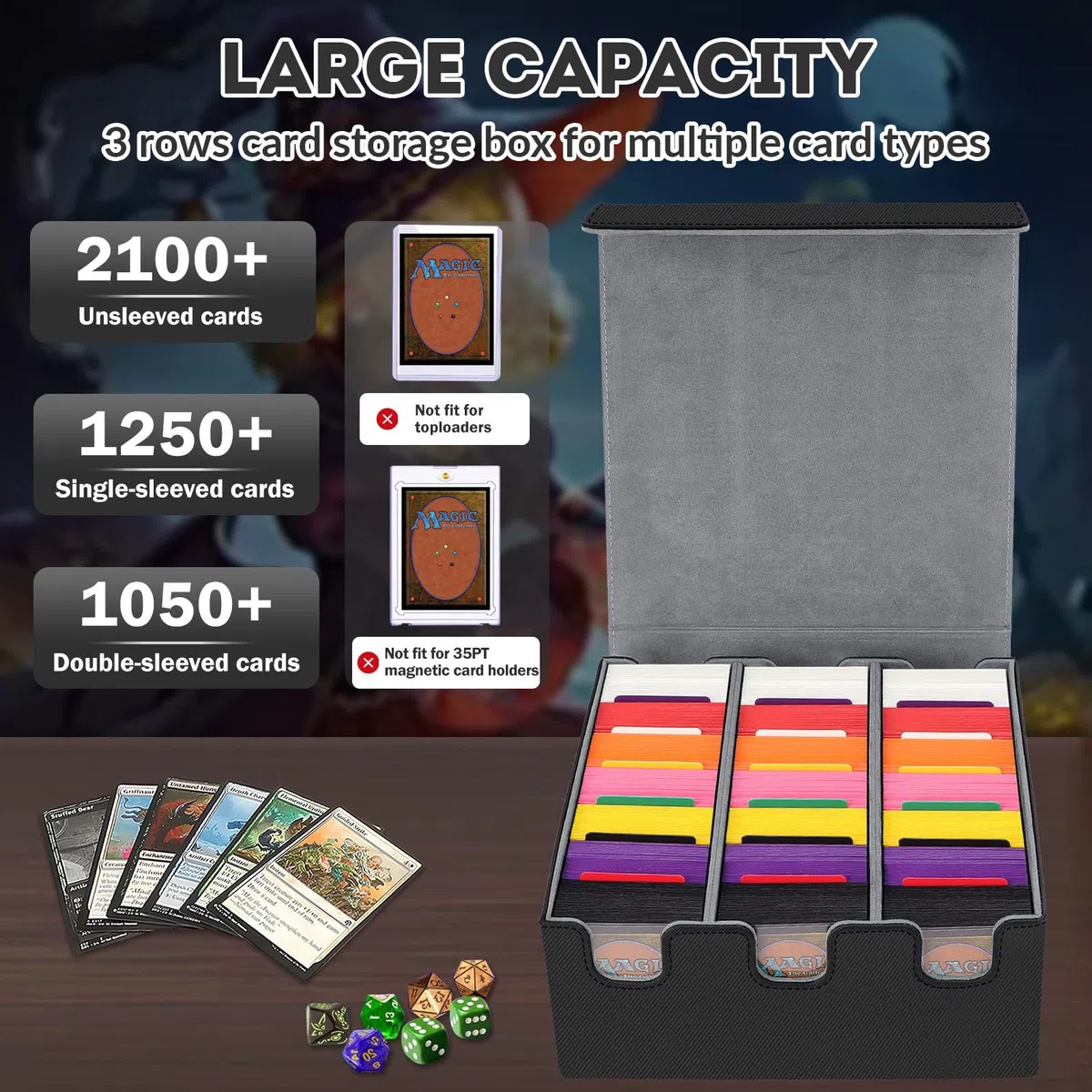 HIMOMO Boîte Rangement Carte, Étui pour Deck de 2100+ Cartes avec Similicuir et Fermeture Magnétique, Card Deck Box TCG, Compatible avec MTG, et Cartes de Sport, Inclut 8 Diviseurs(Gris)