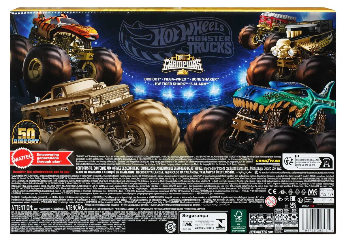 Hot Wheels Trophy Champions Coffret véhicules Monster Trucks avec Bigfoot, 5-Alarm, Bone Shaker, Mega-Wrex et Tiger Shark et 6 voitures en métal, JDW07