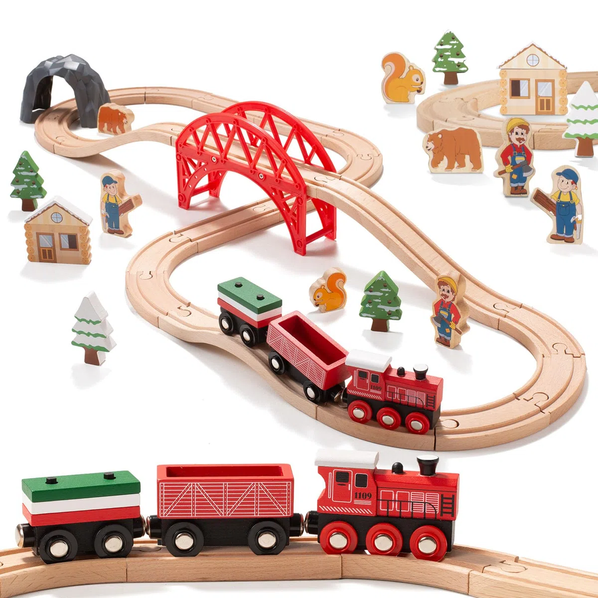 Giant bean Train en Bois pour Tout-Petits, Set de 36 Pièces sur Le Thème de la Forêt, Jouet Ferroviaire en Bois pour Enfants, Filles et Garçons de 3 à 7 Ans​ (Rouge, Bois)