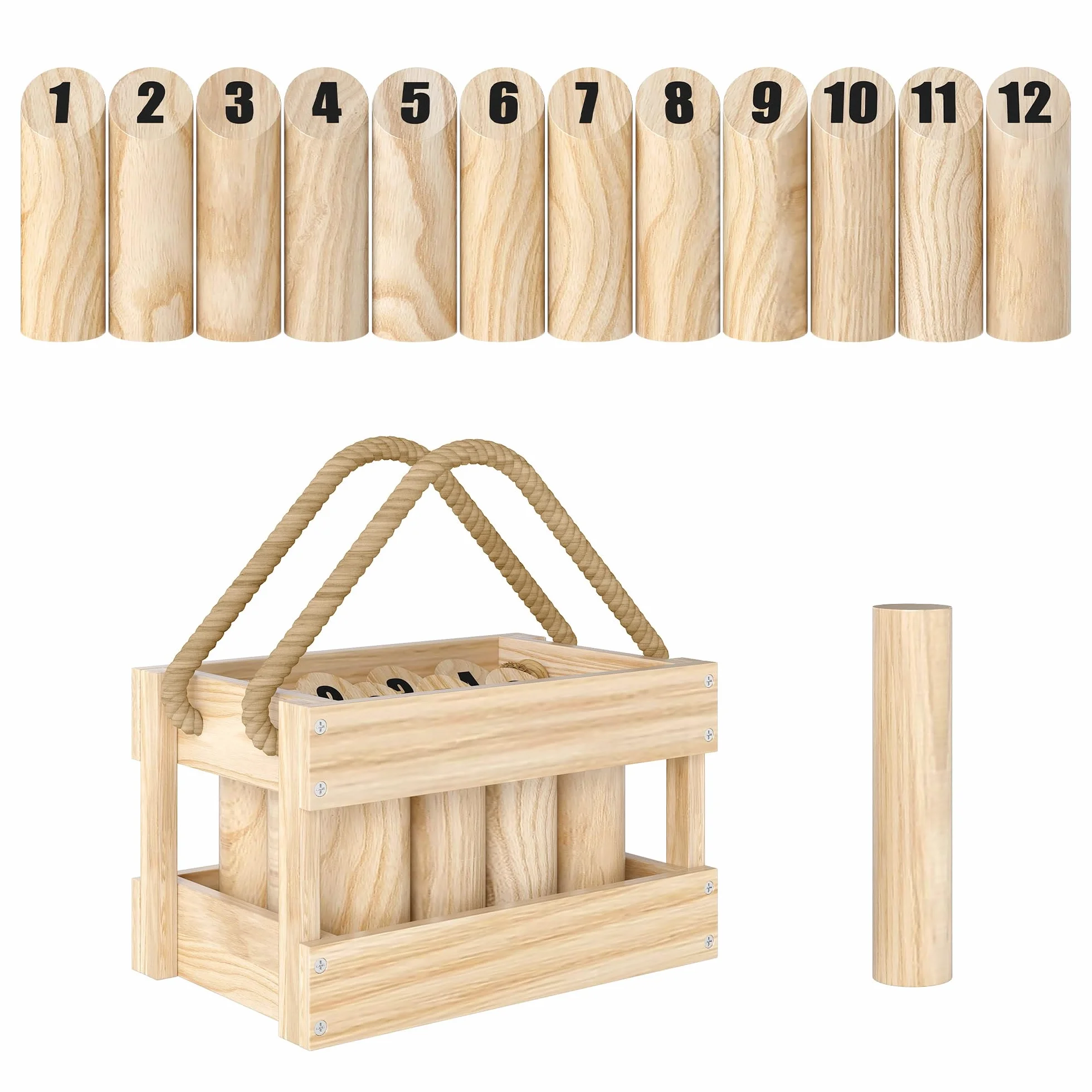 SPORTNOW Jeu de quilles finlandaises, Jeu de Plein air en Bois de pin 12 quilles, 1 bâton et 1 boîte de Transport, Jeux de Plein air pour Adultes, Jardin, Pique-Nique, Plage, fête, Effet Bois Naturel