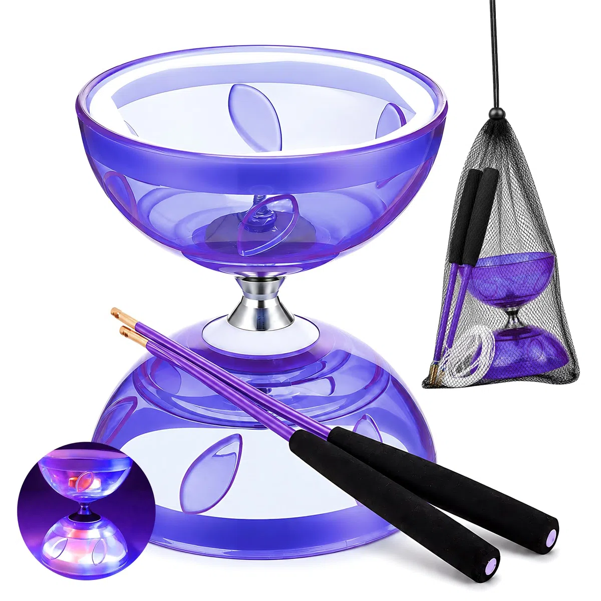 Diabolo Roulement à Billes, Diabolo Lumineux, Kit Lumineux Diabolo avec Corde de 10 M, Ensemble de Jonglage à Roulements à Billes pour Débutants et Professionnels (Violet)