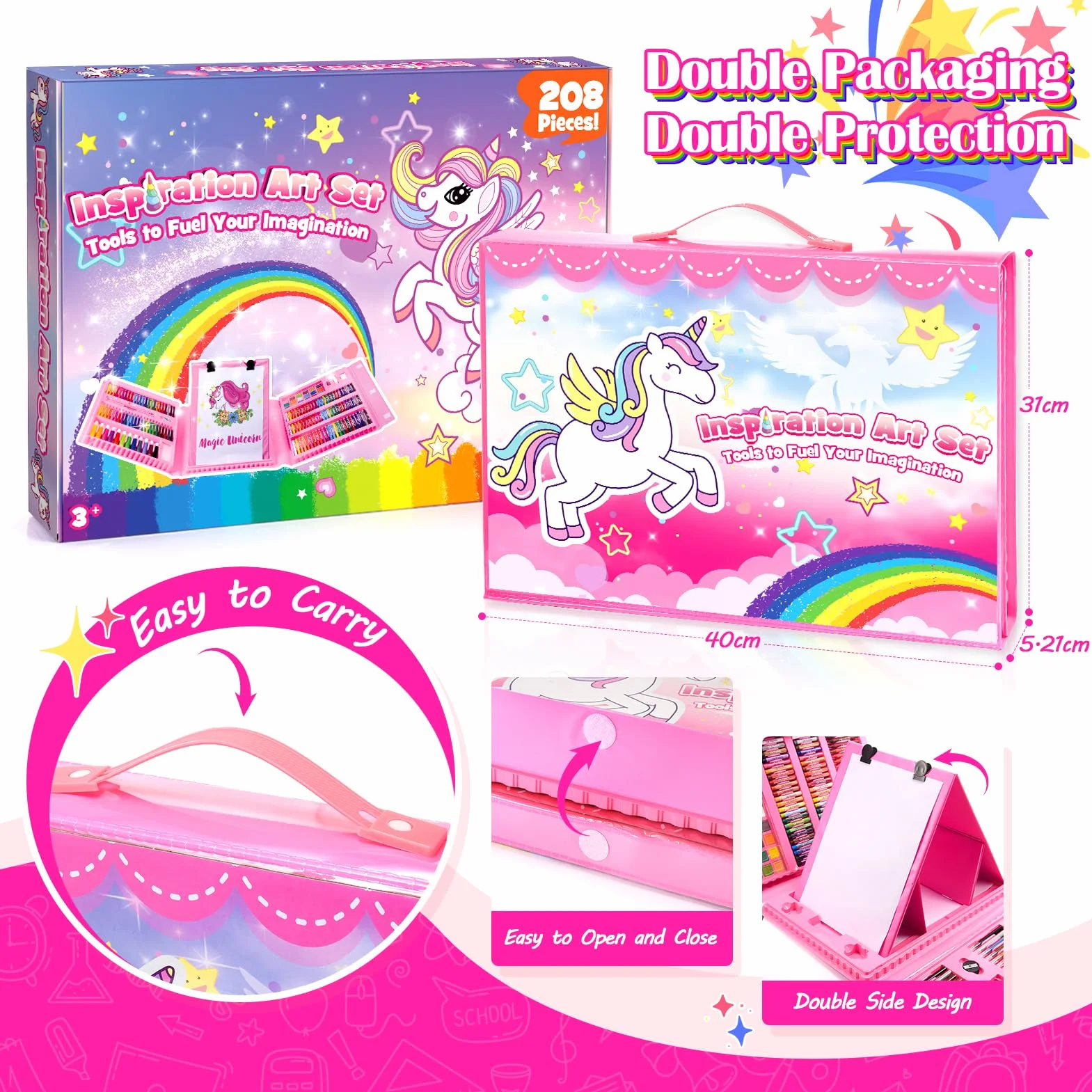 HappyGoLucky 208 pièces Malette Dessin Enfant, Cadeau Fille 3-12 ans, Art Set, Crayons de Couleur Palette Aquarelle