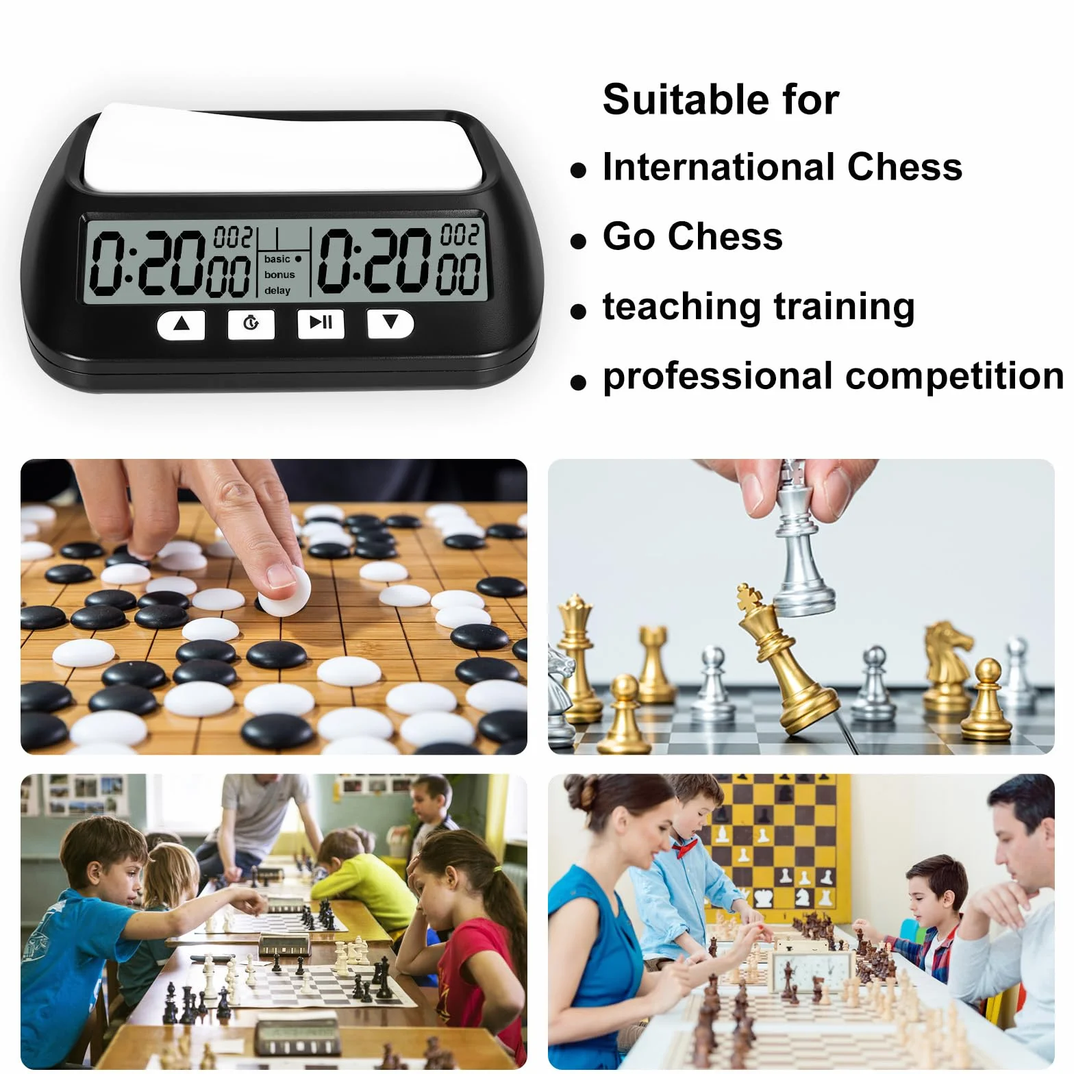 USHOP Horloge d'échecs Professionnelle​​,Minuteur d'échecs numérique Multifonction​​ – Compte à rebours/Bonus/délai,Commandes à 4 Boutons​​,​​Design compétition​​ pour Tournois et Jeux de société